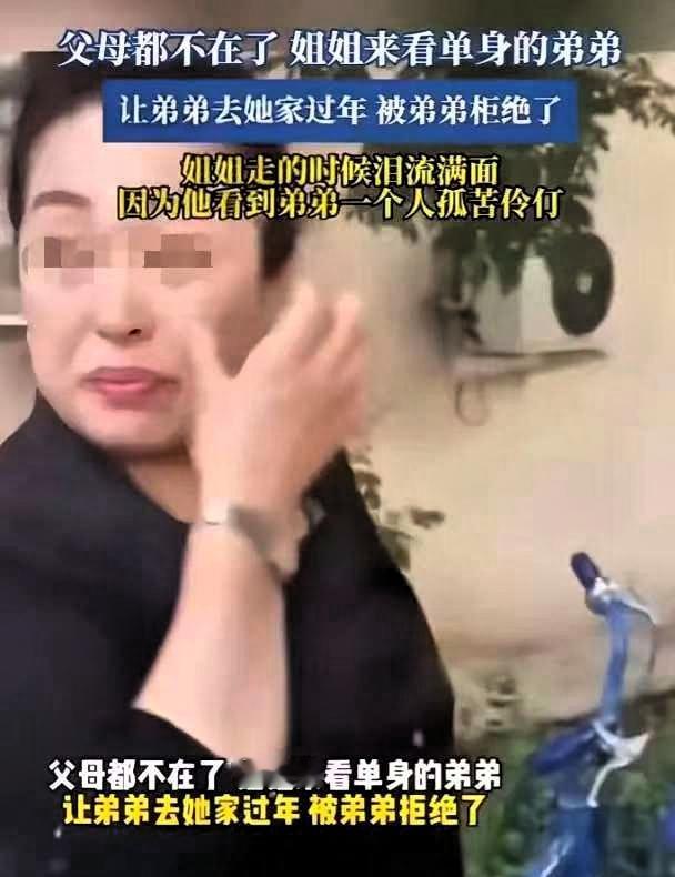 父母都不在了，姐姐来看单身的弟弟，让弟弟去她家过年被弟弟拒绝了。姐姐离开时泪流满