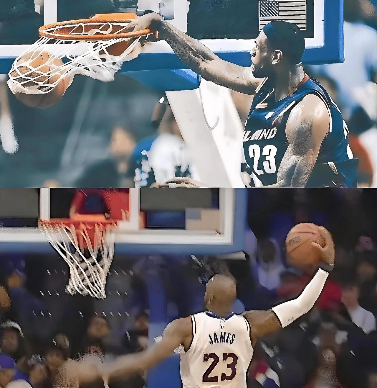 时光老人终究还是追上了詹姆斯！近日，美媒晒出詹姆斯过去与现在的扣篮照片。他评