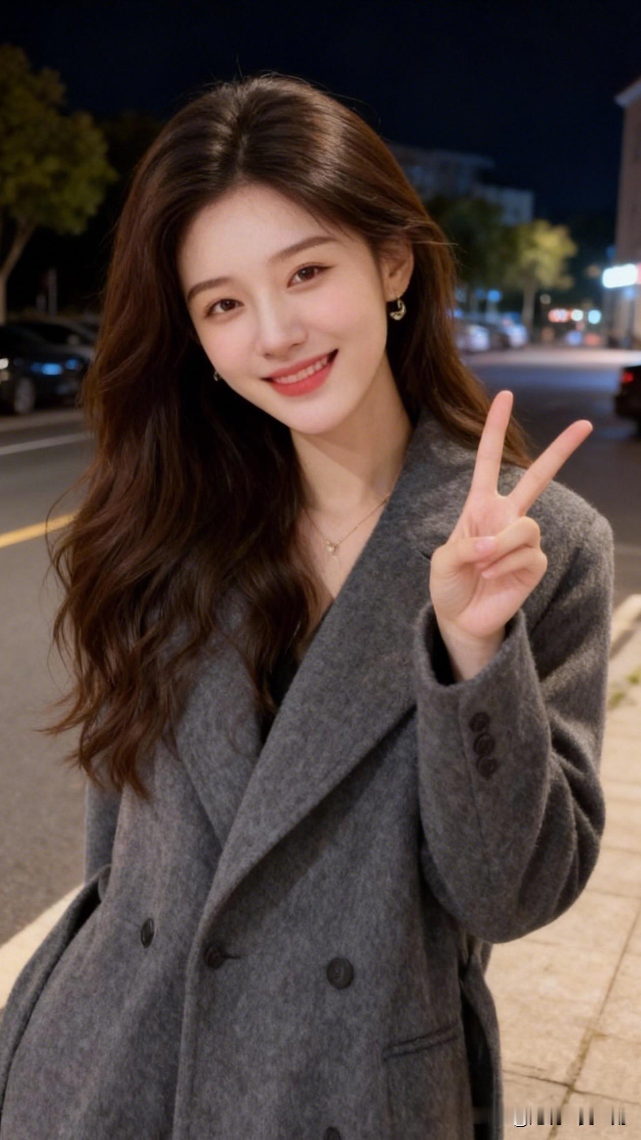 夜晚的街拍，微笑女孩比出V字手势，温暖而甜美。每日随手拍张照