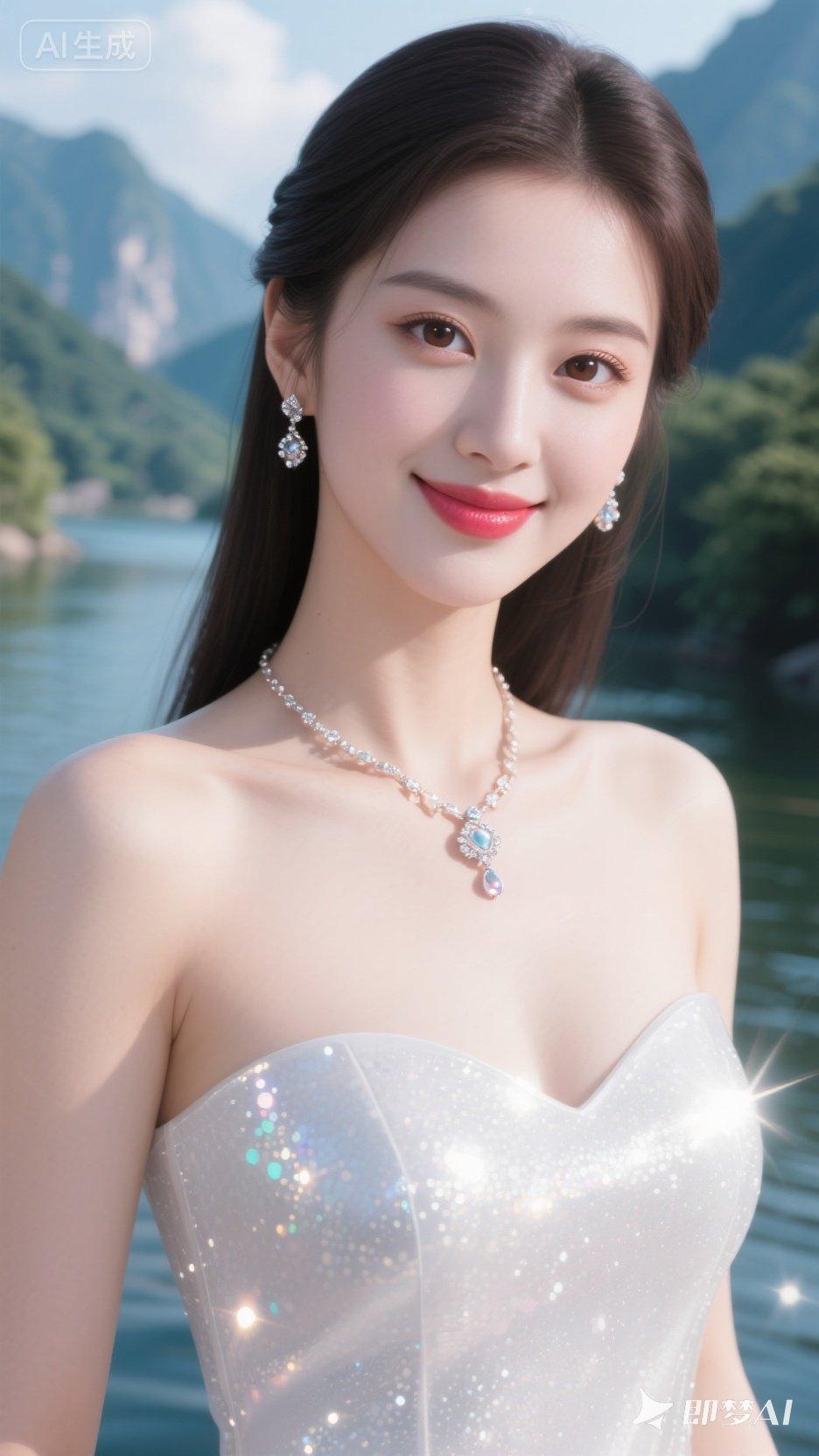 梦幻仙境中的甜美少女，闪耀的礼服与自然风光相映成趣。