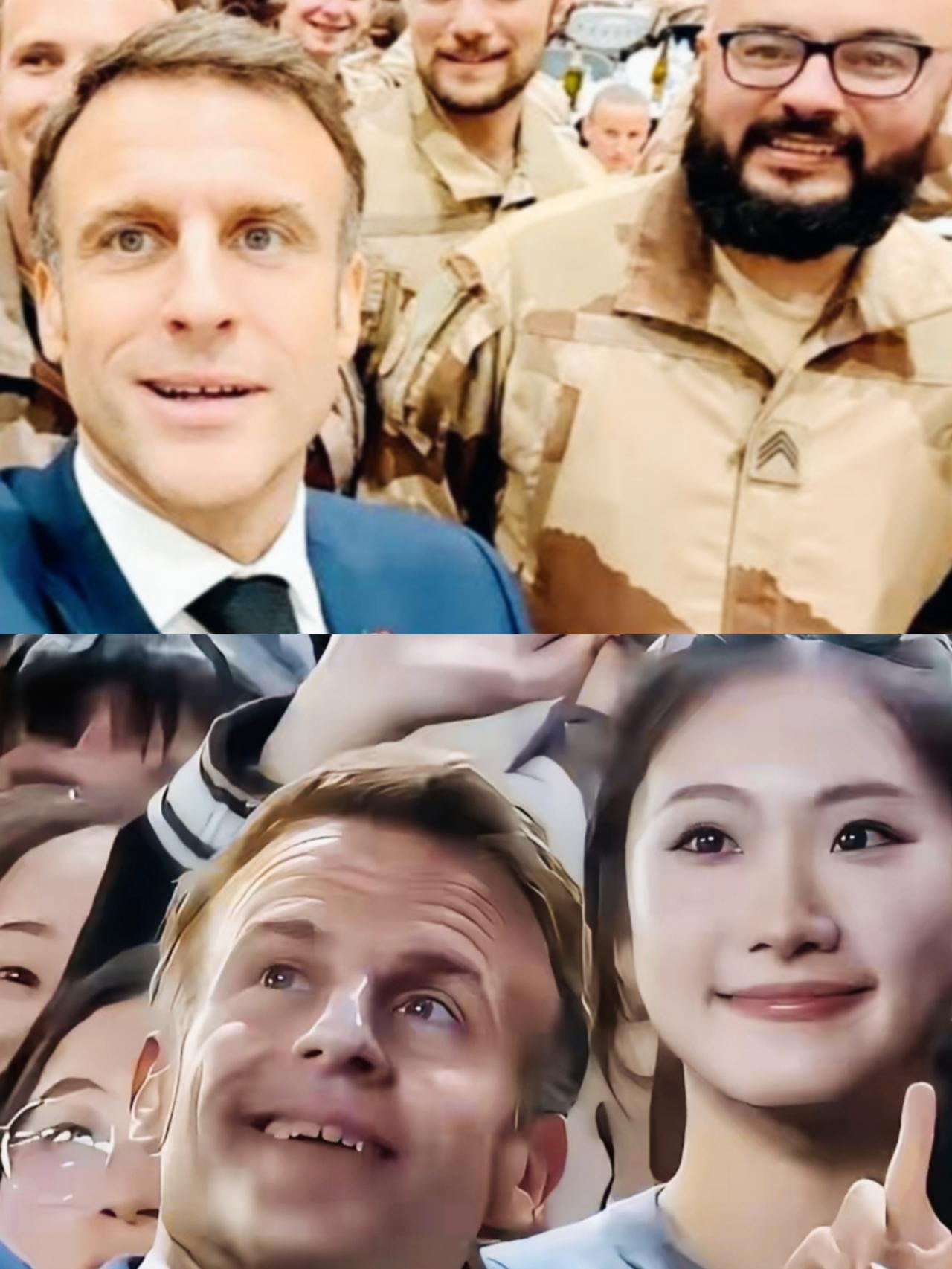 马克龙这合照自拍的姿势挺一致啊！马克龙这表情上还是有区别的啊！是不是一个是微