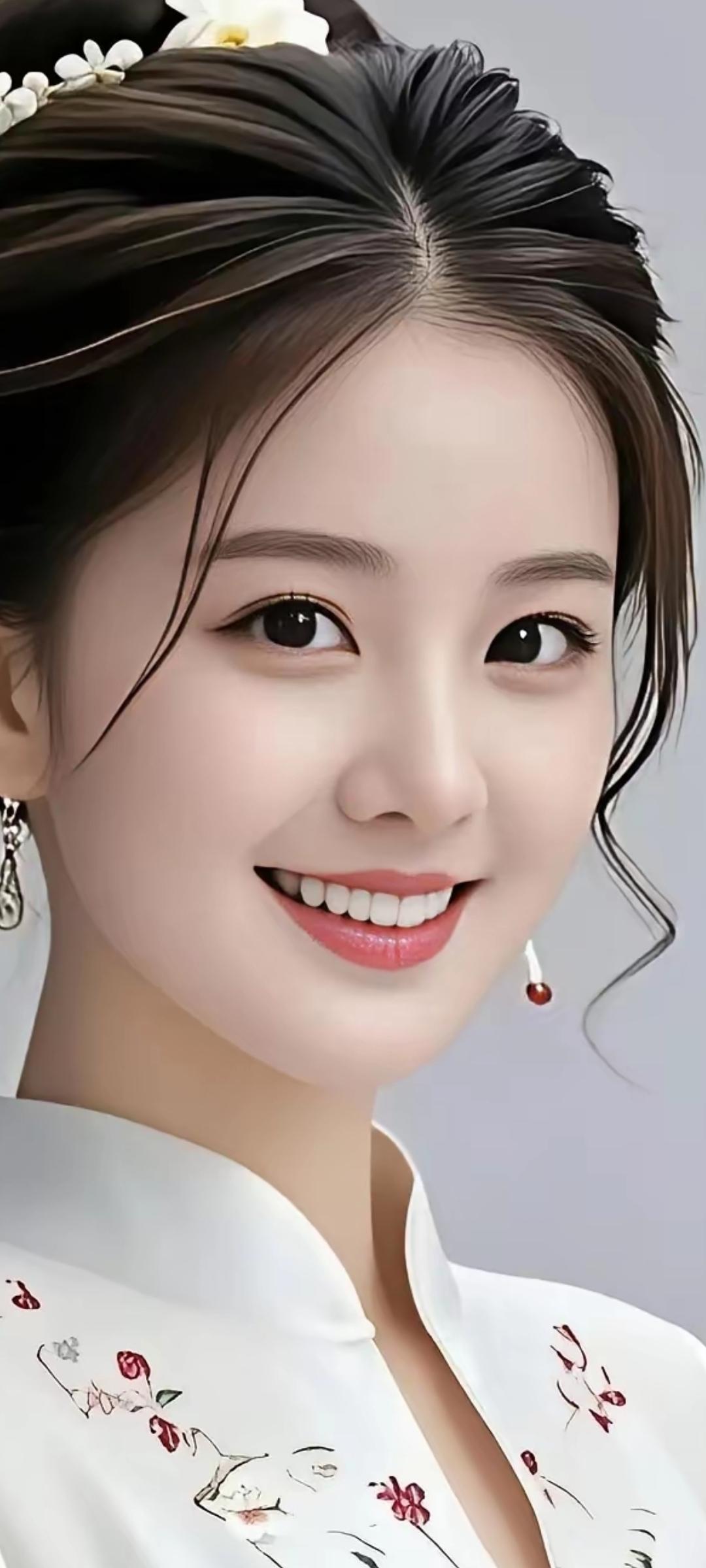 温柔微笑，古风韵味，红唇点缀，优雅动人。