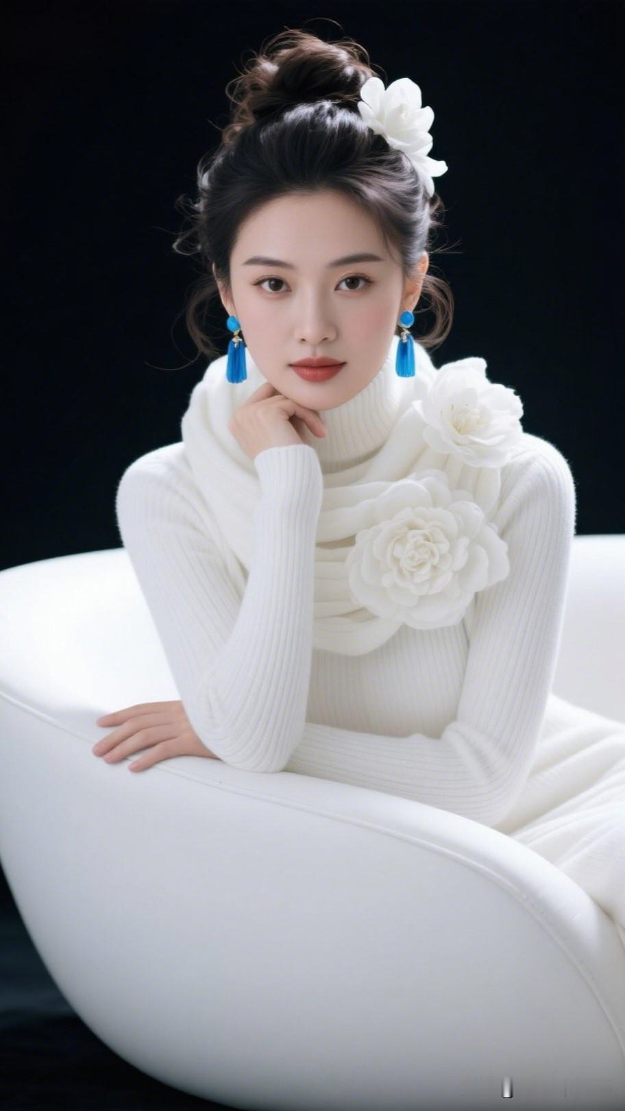 优雅白衣少女，静坐沉思，蓝绿耳环点缀，花饰点缀发间，气质非凡。你喜欢哪一种气质的