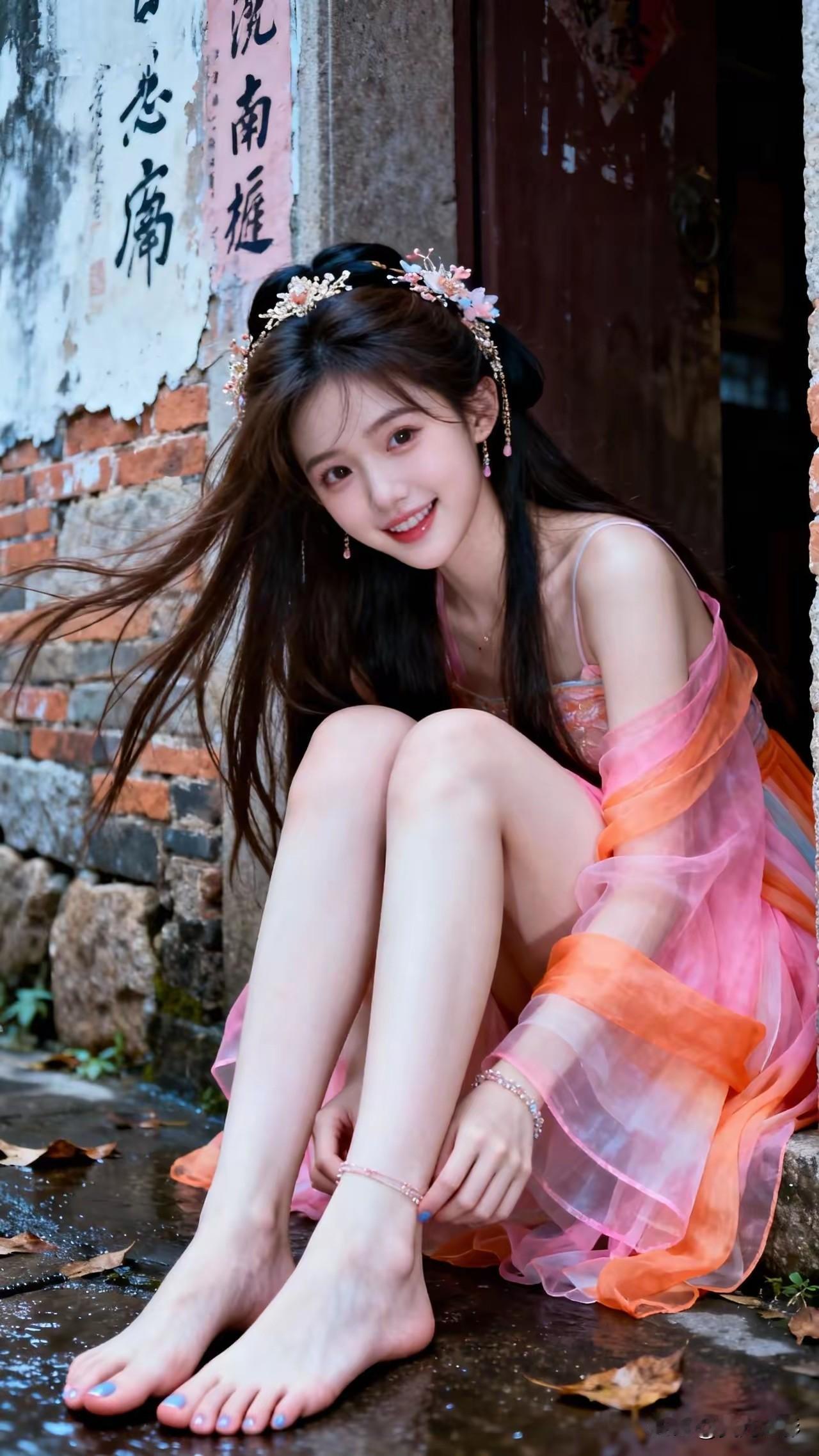 光之影&AI少女在古风巷子里的甜美瞬间，粉裙飘飘，笑靥如花。红衣古风少女林