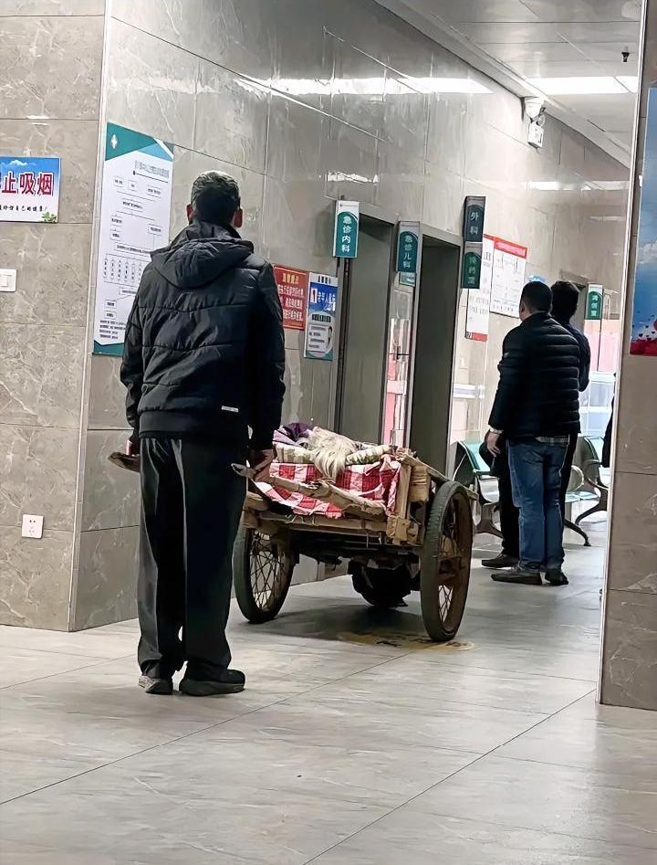 谁看了这一幕，估计心情都要沉重几分。落后的手推车和现代的电梯显得格格不入，也许