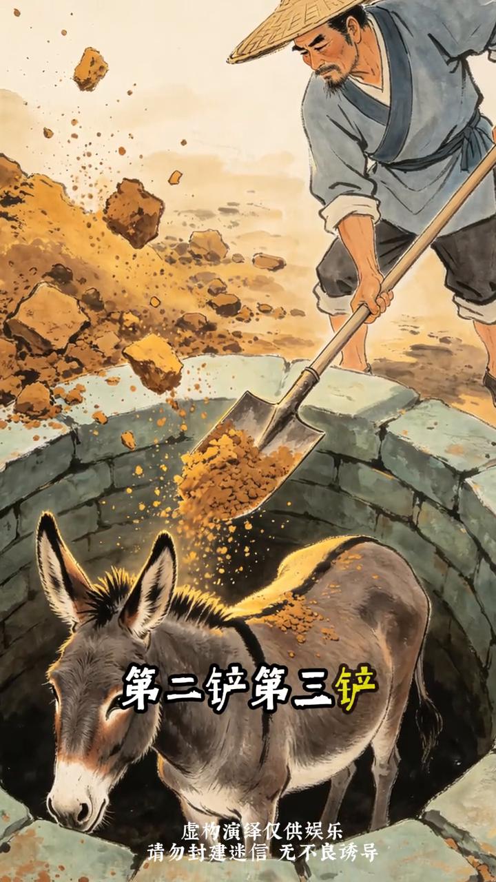 一头老驴掉进了枯井，鹰很深，四面是滑溜溜的石壁，它拼命往上爬，蹄子扒拉了几下就滑