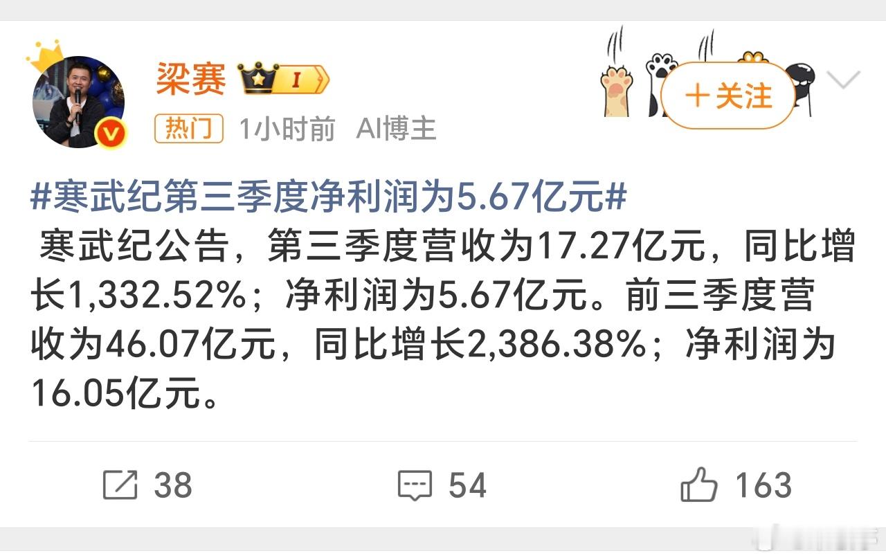 寒武纪三季度净利润5.7亿寒武纪作为科技股，这表现可以啊[点赞]！​​​