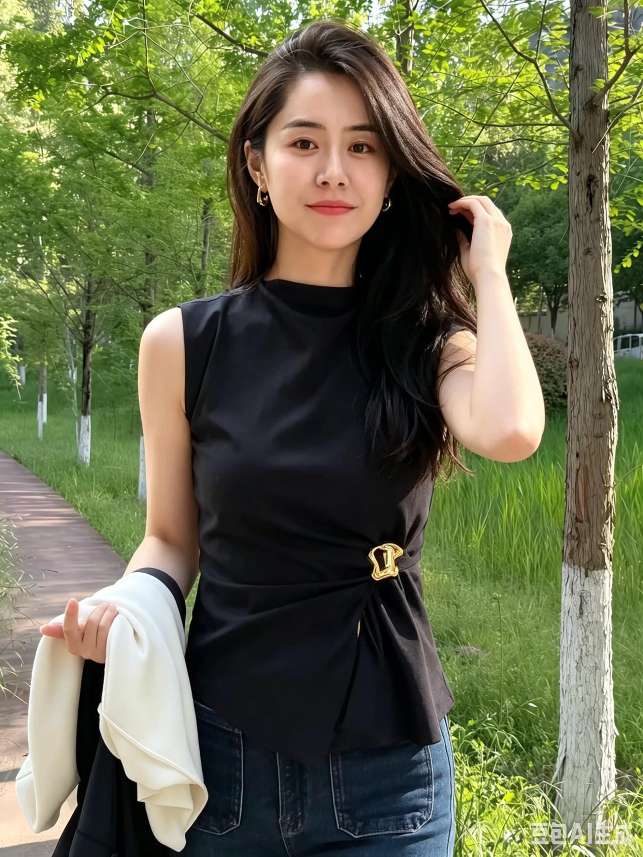 她穿一件黑无袖，腰间扣着小小的金，像把一整个夏天的利落，都悄悄收进褶皱里。