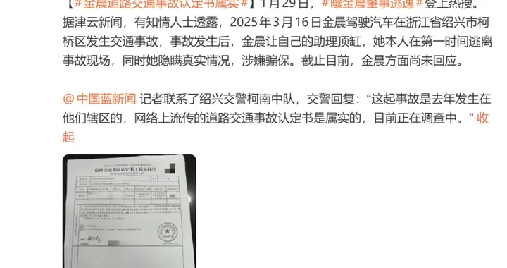 演员金晨被曝肇事逃逸, 交警、保险公司回应
