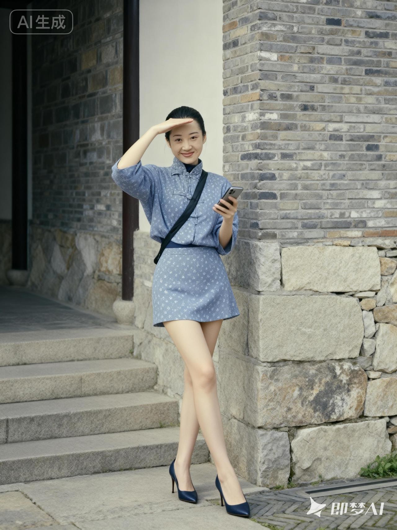 优雅蓝裙，石阶上的时尚自拍