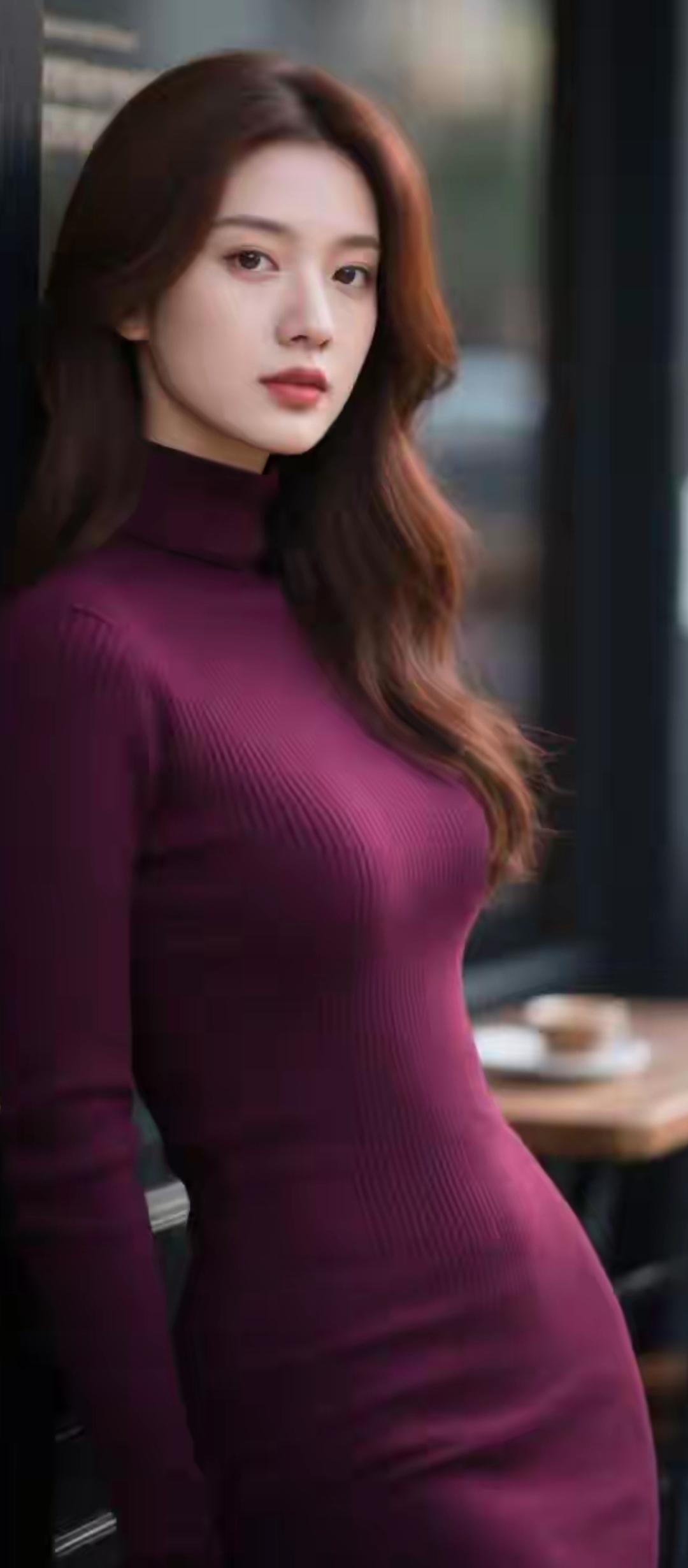 优雅紫衣少女，都市街头的迷人风景