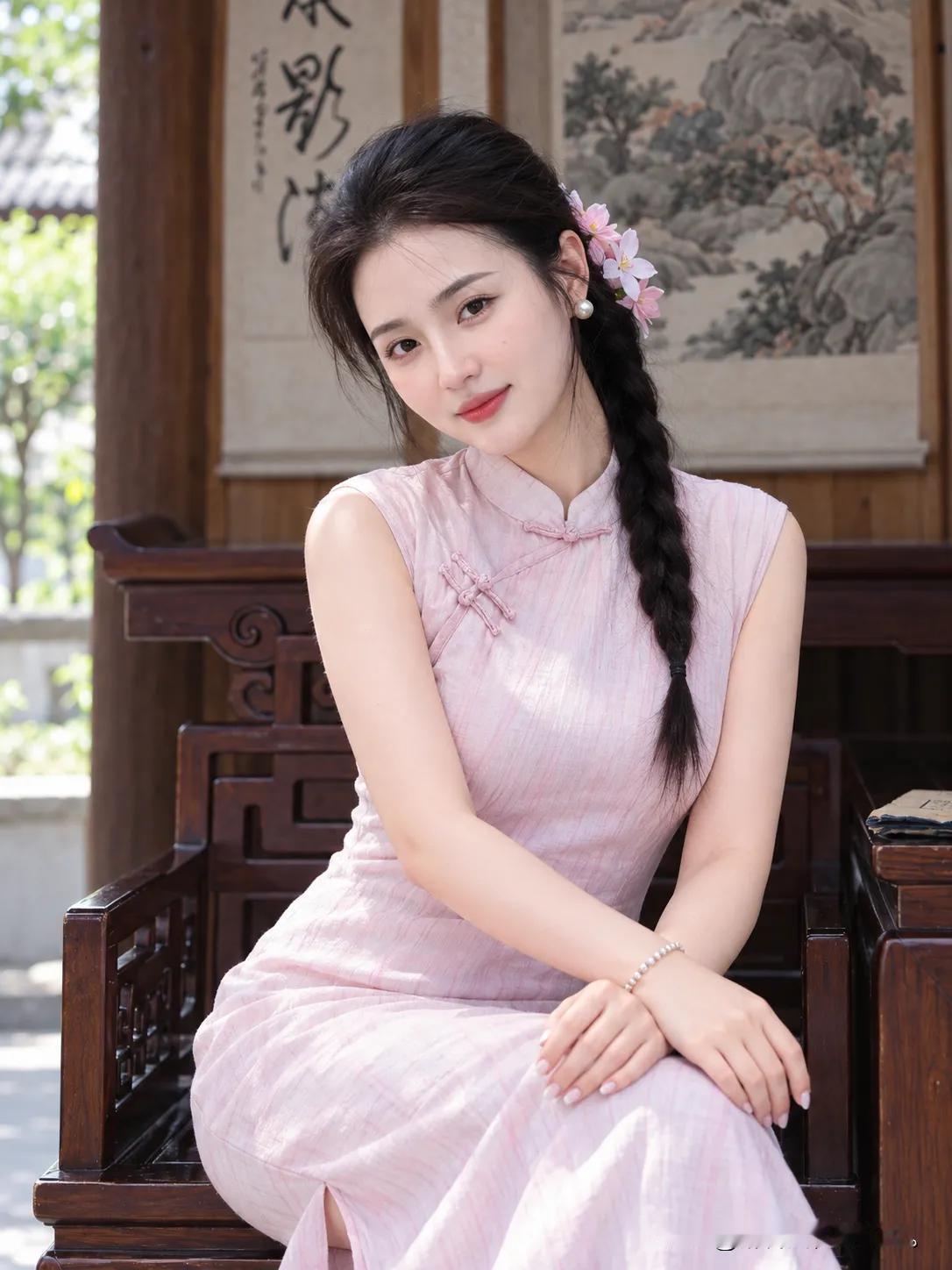 粉色旗袍配花簪，坐在古色古香的木椅上，笑容甜美又温柔，仿佛穿越回了那个美好的旧时