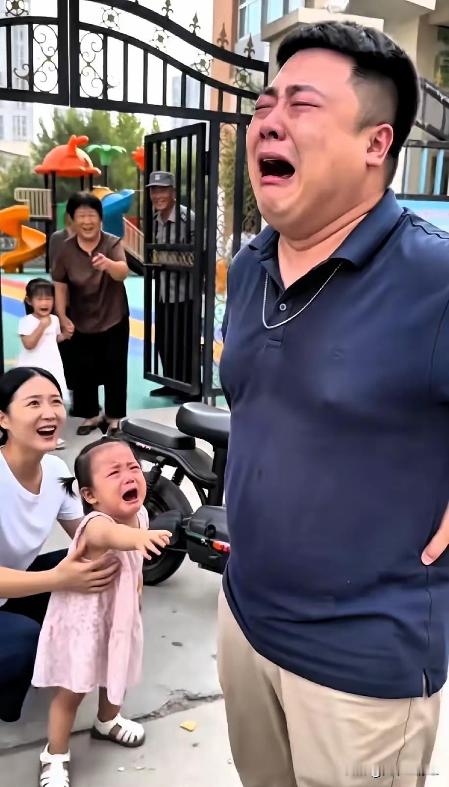 爸爸送女儿第一次上幼儿园，哭得稀里哗啦。妈妈本想哭，却被爸爸抢了风头。孩子第一次