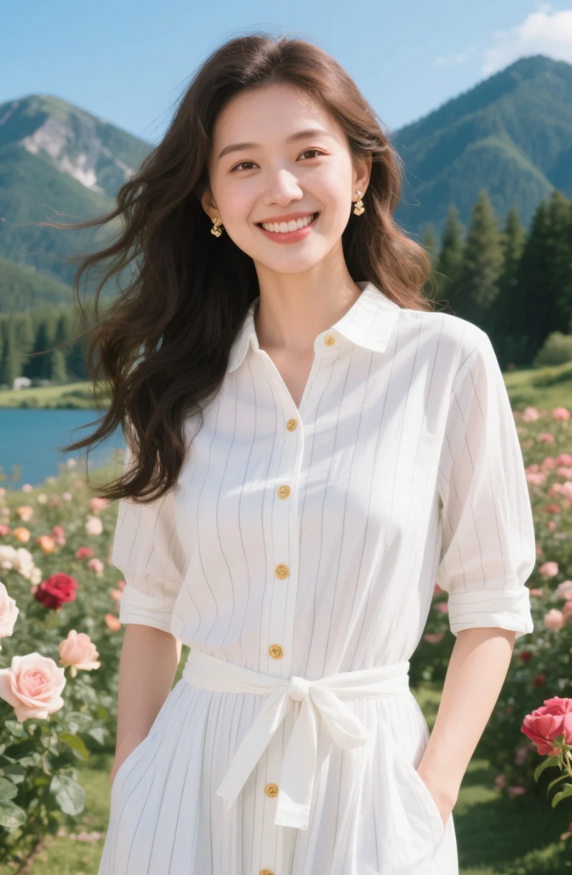 白裙拂过玫瑰，她在风里写下一首夏日诗行