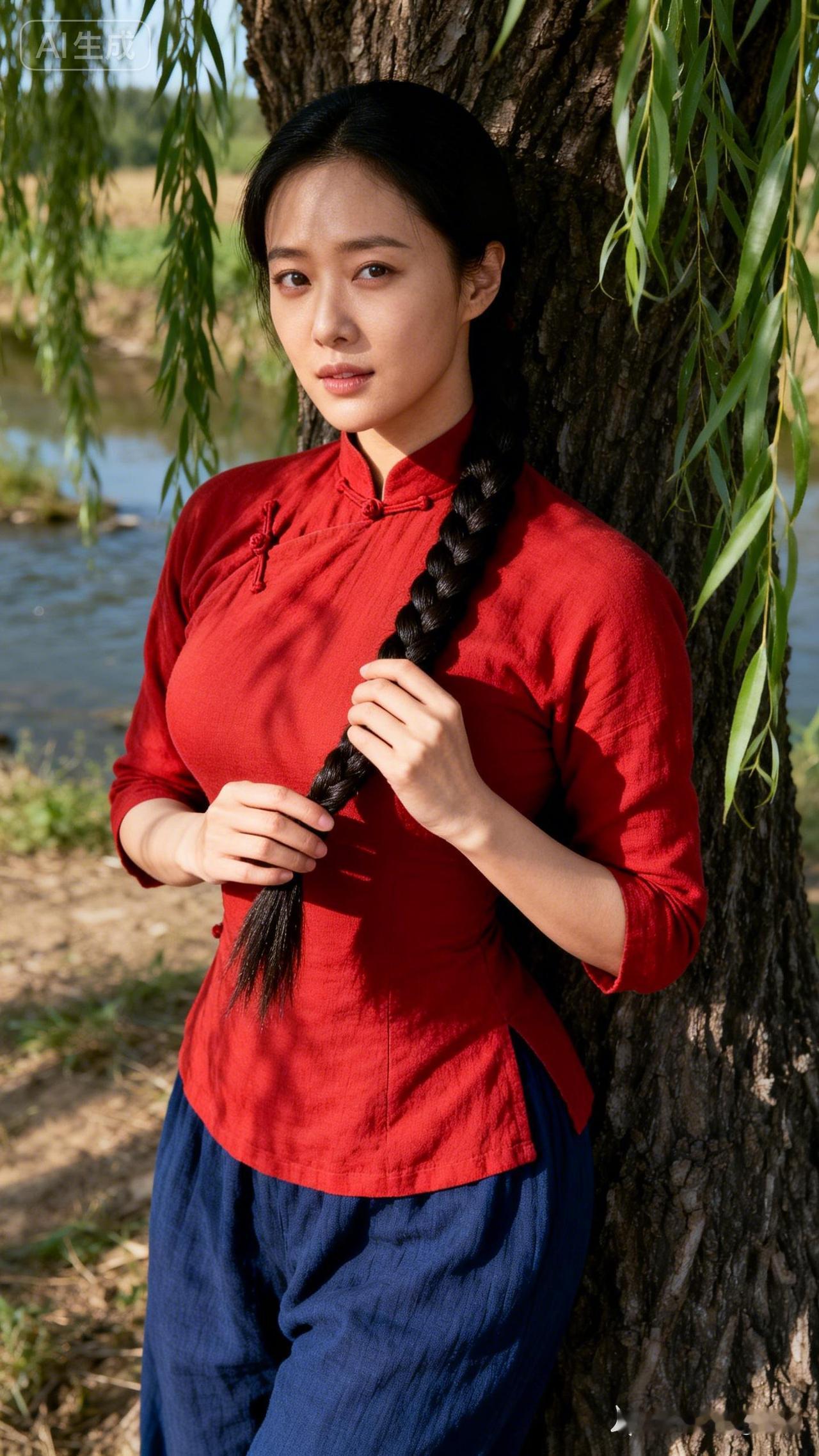 红衣少女倚树而立，古风韵味十足！