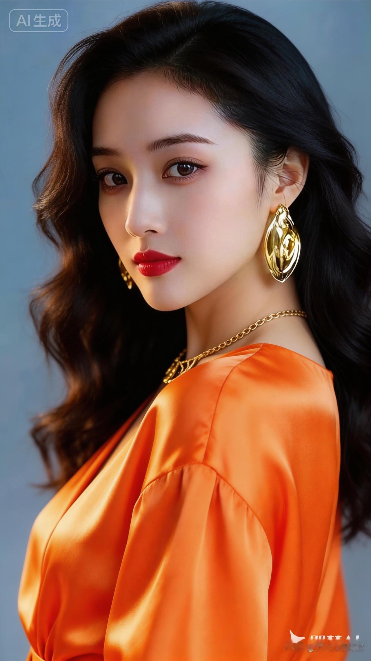 优雅红唇，闪耀耳环，时尚橙色连衣裙，气质女神范儿