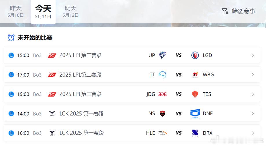 今天依旧五个BO3，但是没啥流量大战，LPL这边第一场涅槃大战，第二场WBG打吊