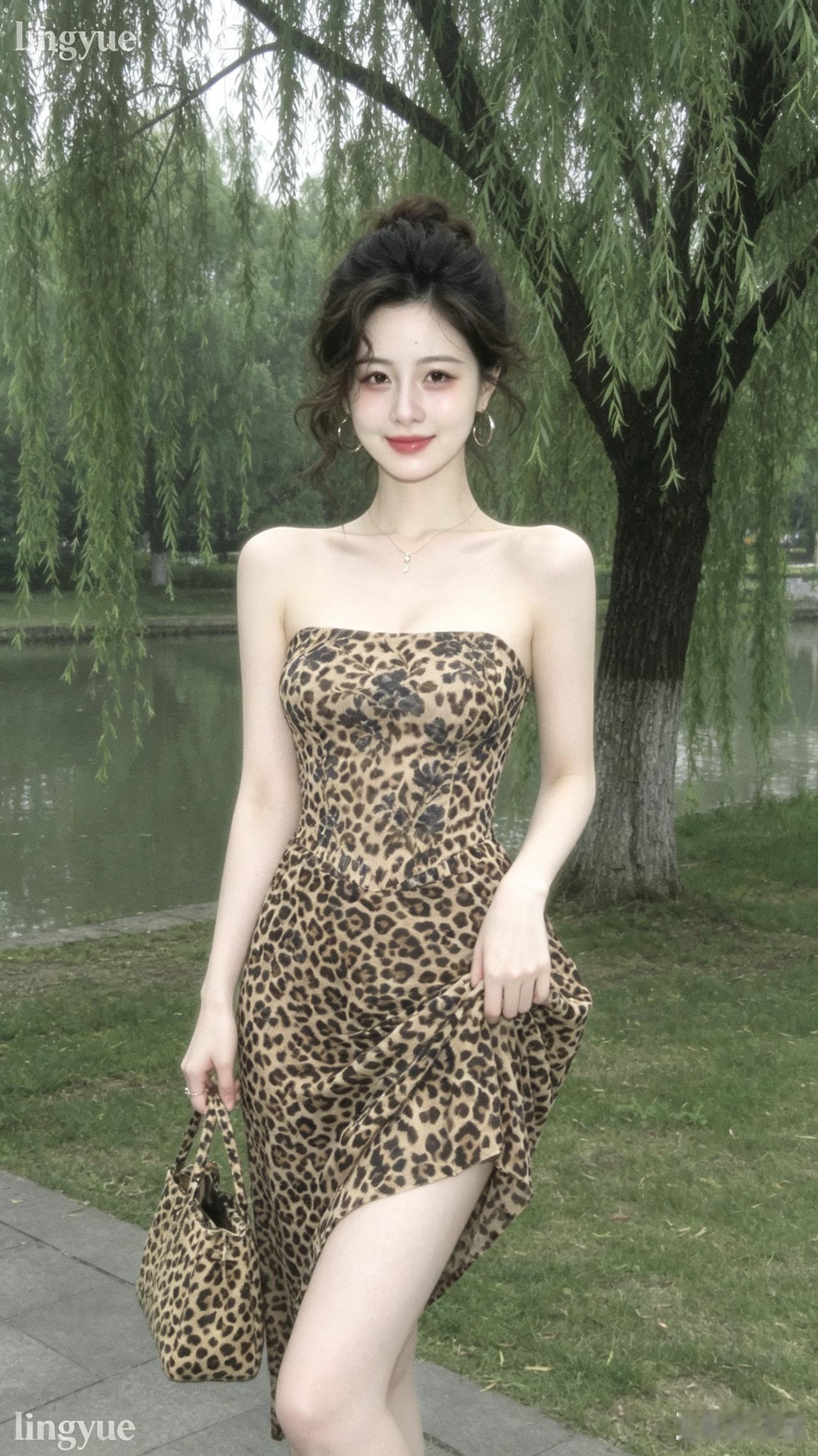穿豹纹裙子的美女在公园里拍照。