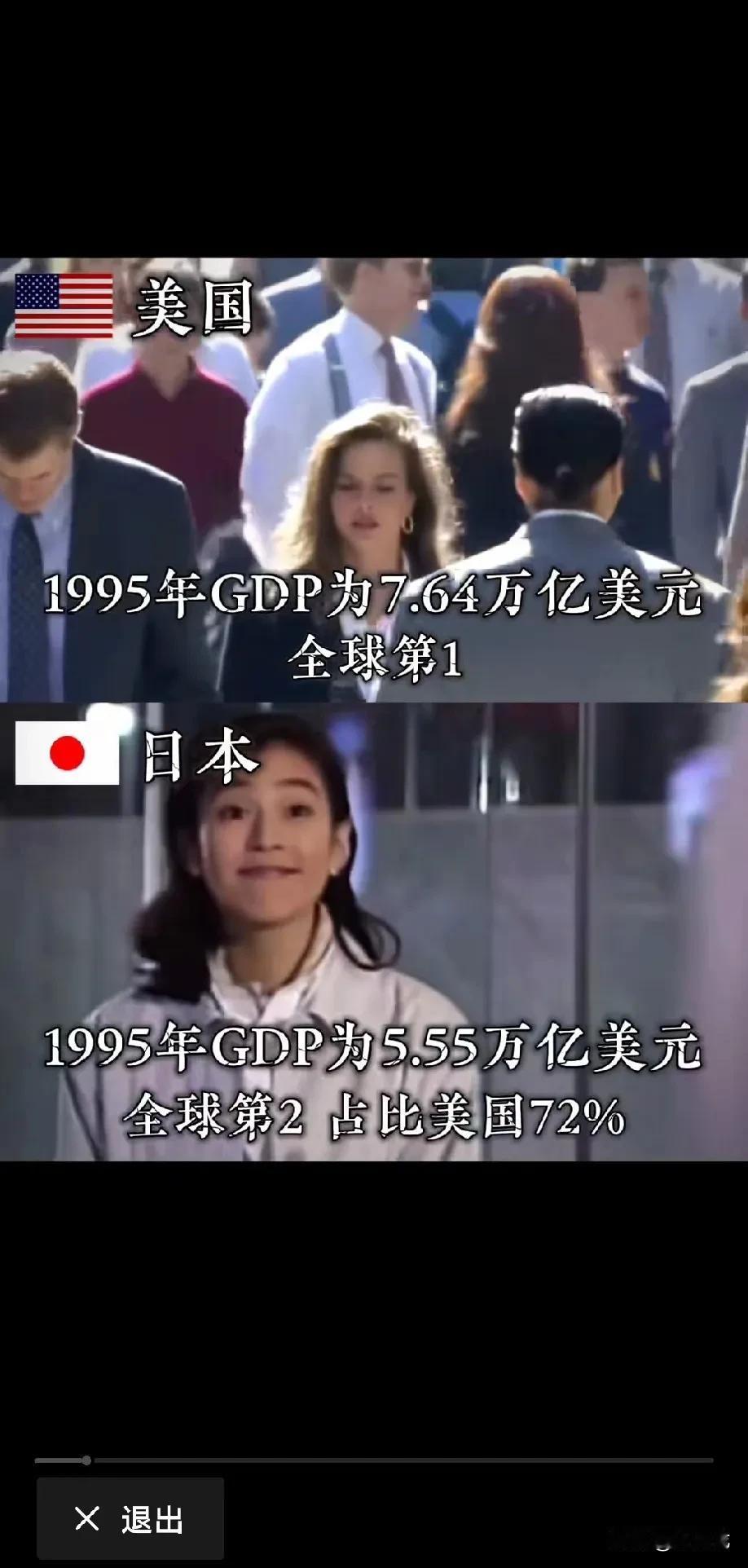 1995年的时候，日本GDP已经达到5.55万亿美元，占比当时的美国约72%，可