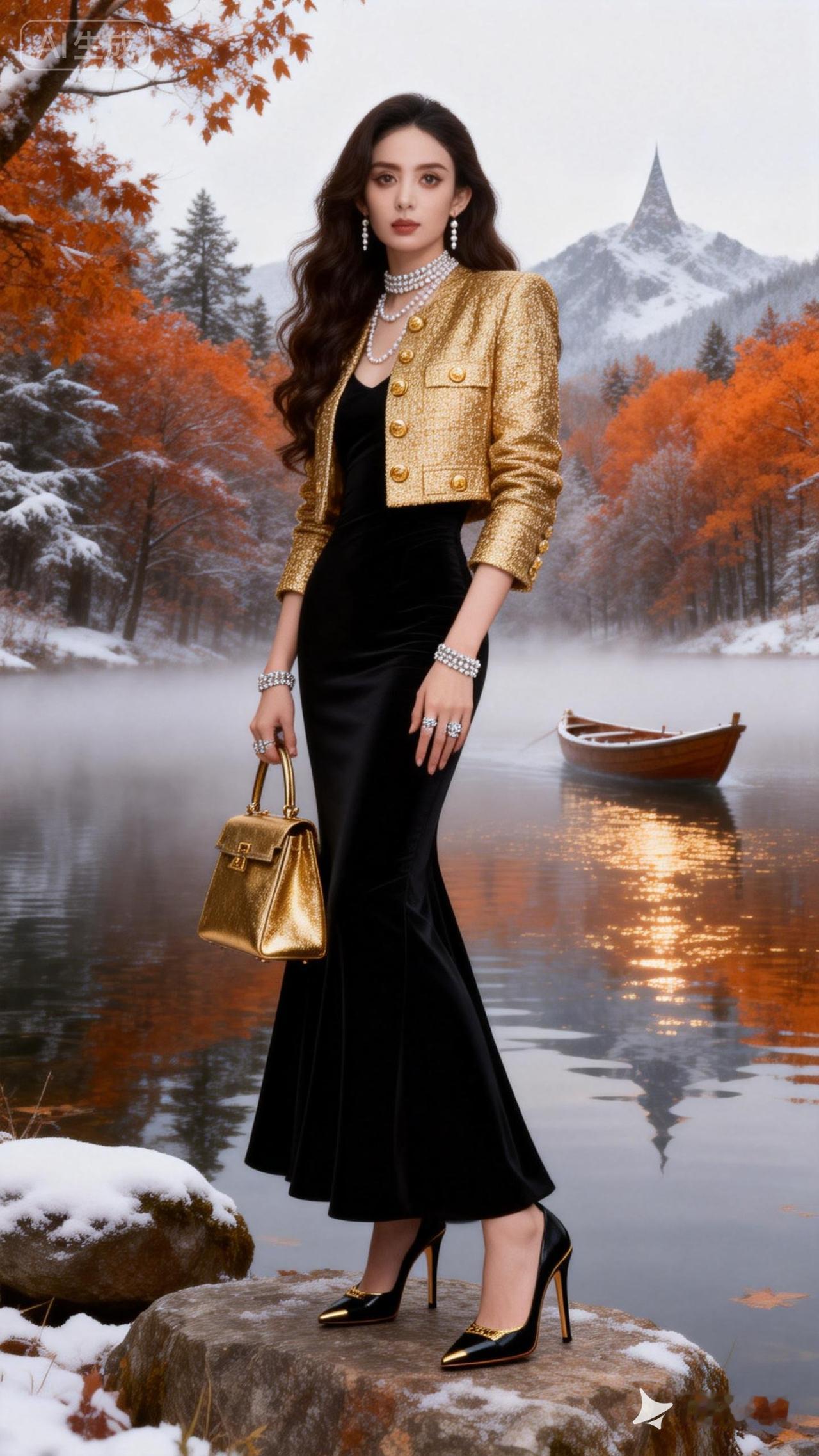 冬日雪景中的优雅穿搭，金色外套与黑色长裙的完美搭配，尽显时尚与魅力。