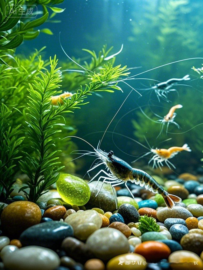 梦幻水下世界，色彩斑斓的鱼儿游动在五彩石子间，宛如童话般美丽。