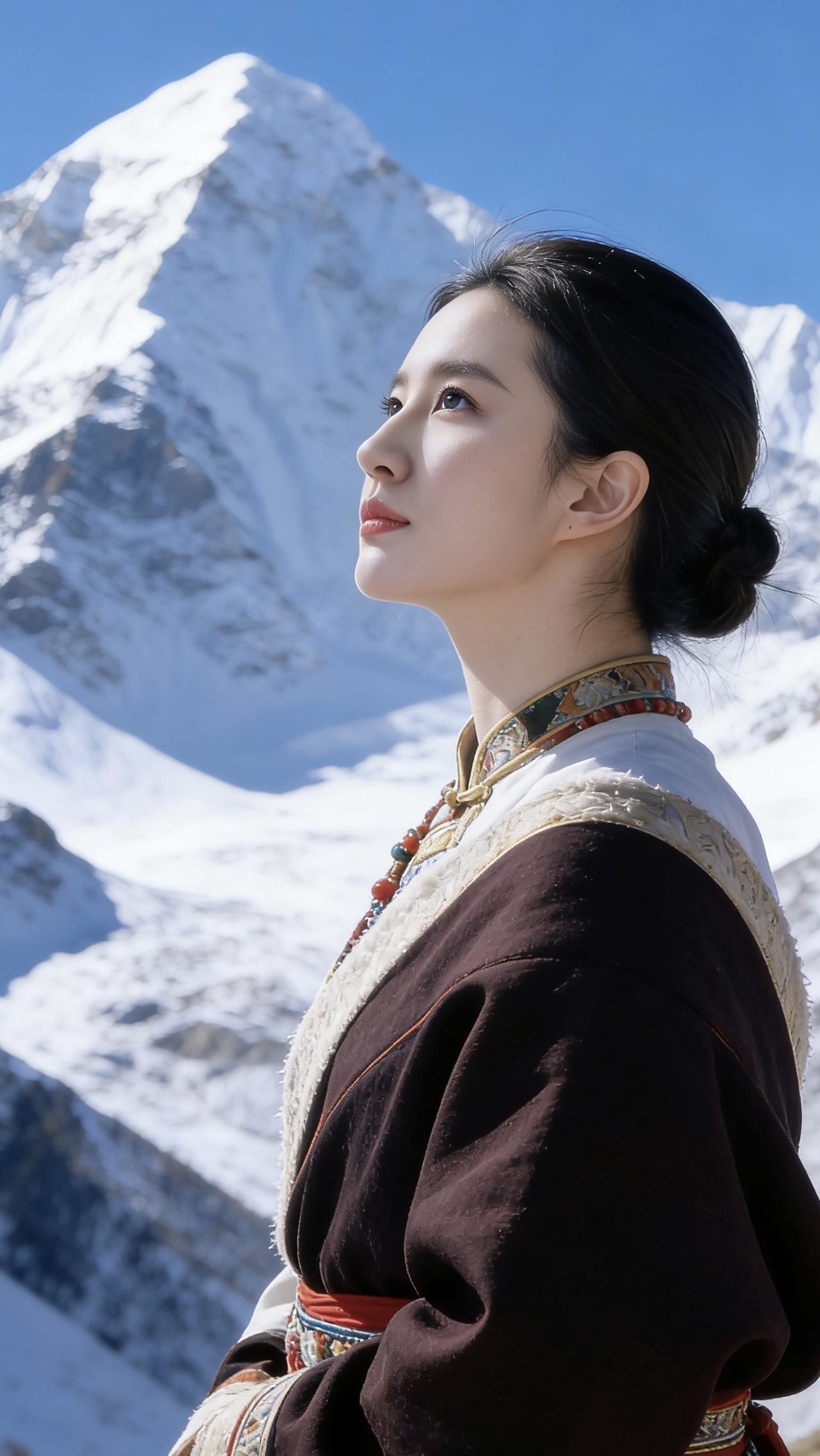 我站在珠峰脚下的雪地上，仰头望着峰顶的积雪，风卷着细碎的雪粒擦过耳尖，带着高原特