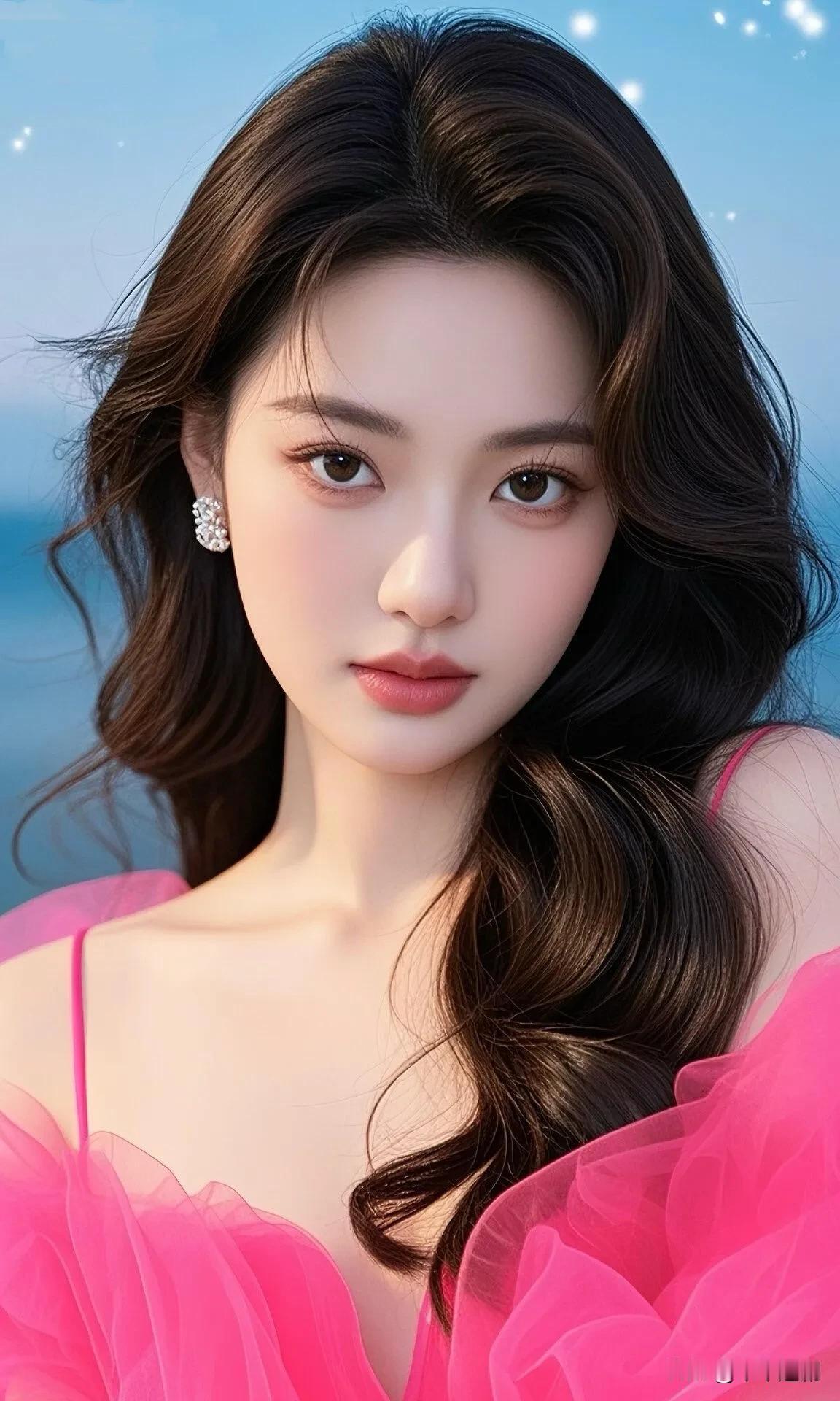 玫粉纱裙映碧海，卷发垂肩缀钻饰藏明艳海边氛围感长裙度假风沙滩长裙海滩金