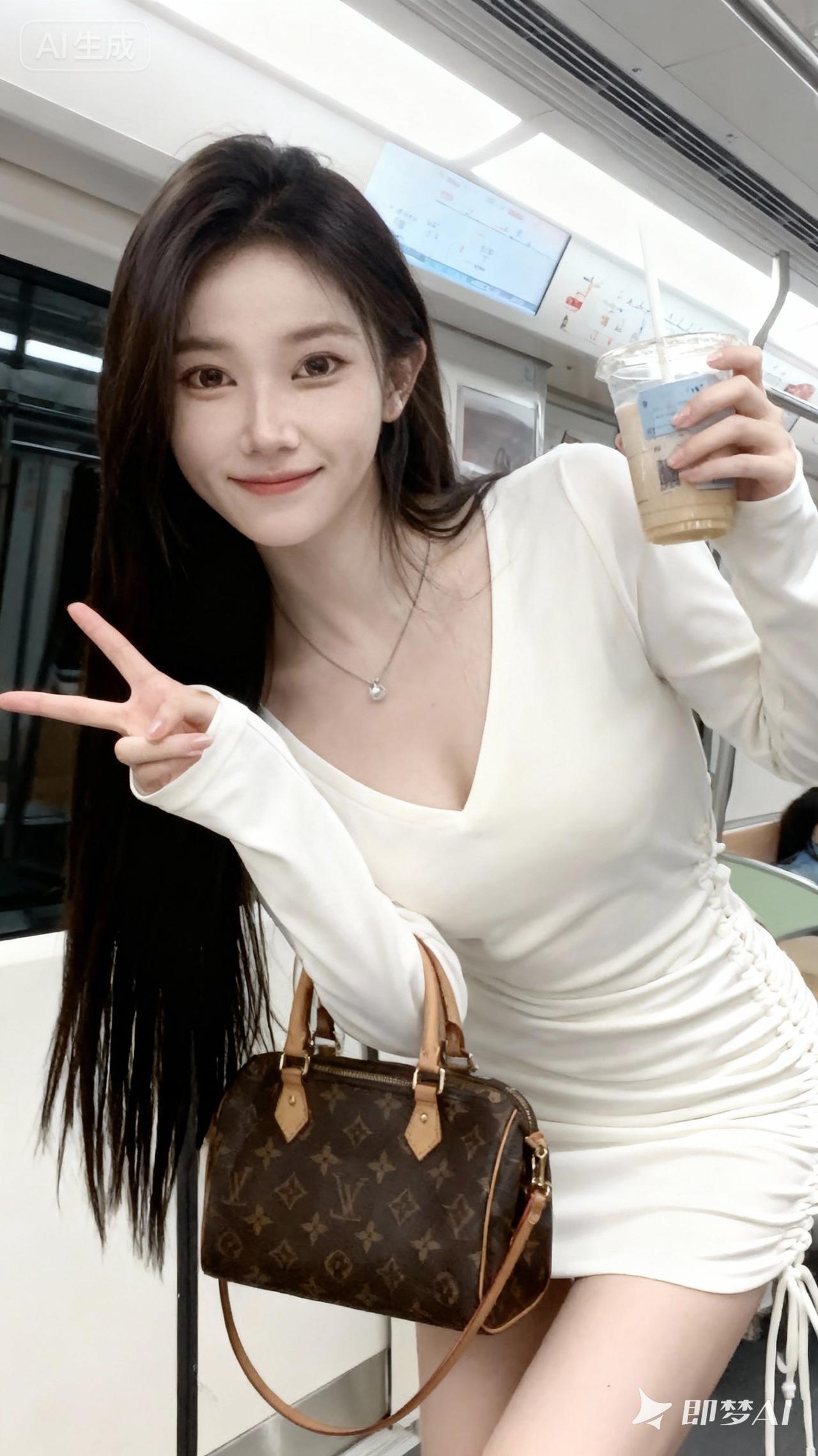 日常快照风格，非精心构图或打光，冷白皮，脸不变，穿着一件白色的长袖抽绳包臀连衣短