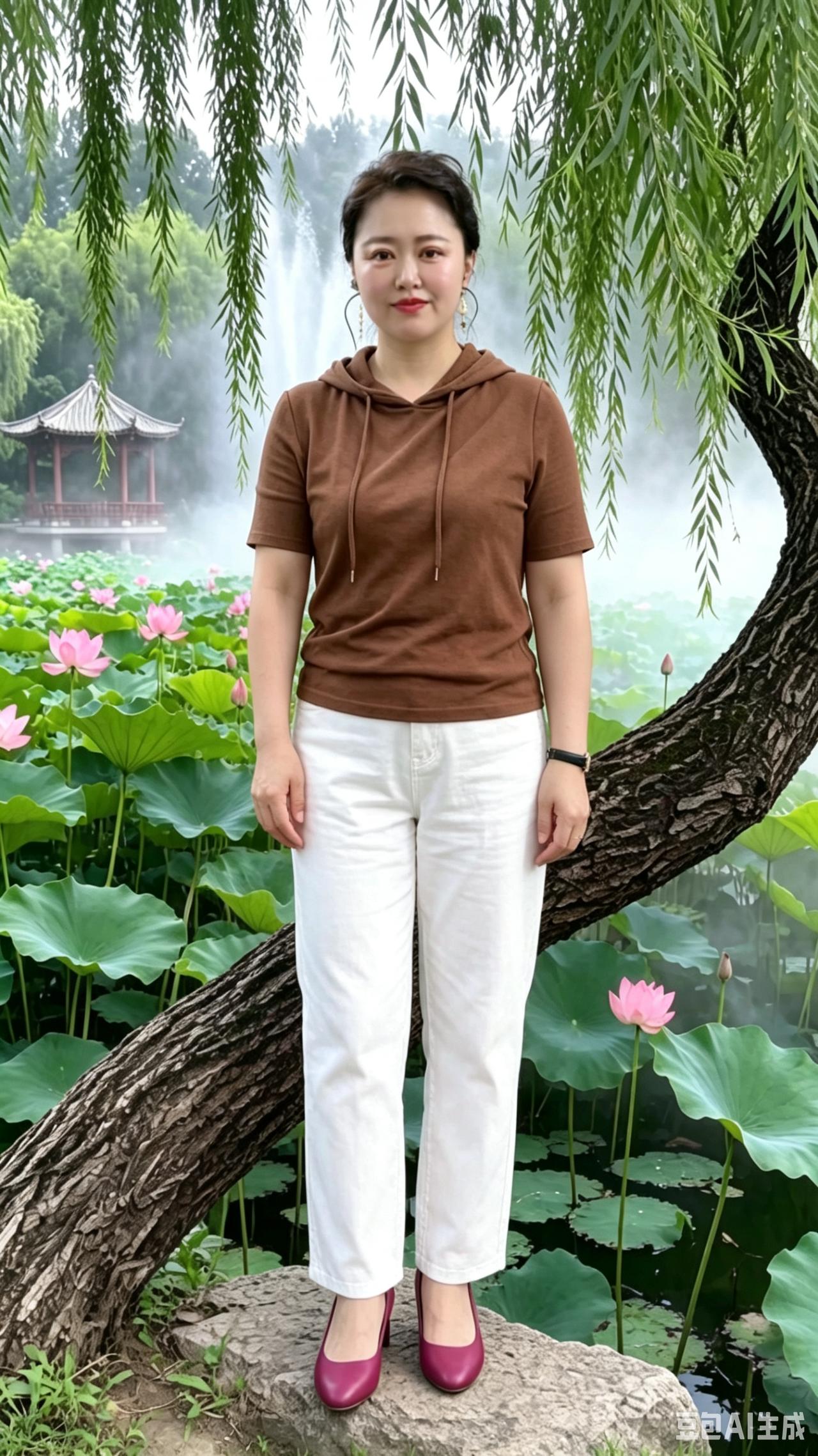 荷塘邂逅温婉佳人，气质令人格外悦目这位姐姐面容圆润，颇具耐看之美，肌肤白皙，气