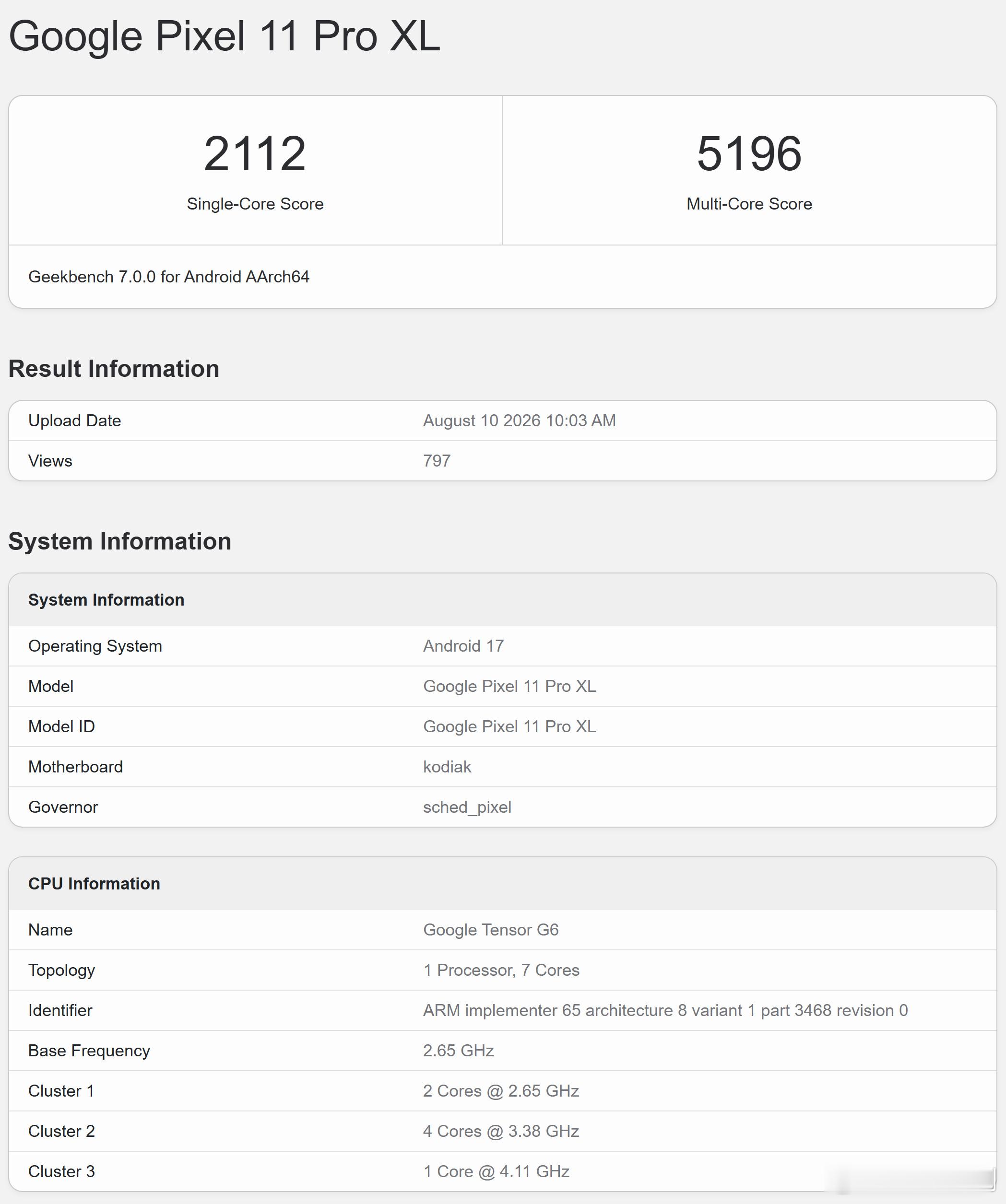 谷歌TensorG6Geekbench7跑分成绩：单核2112，多核5196