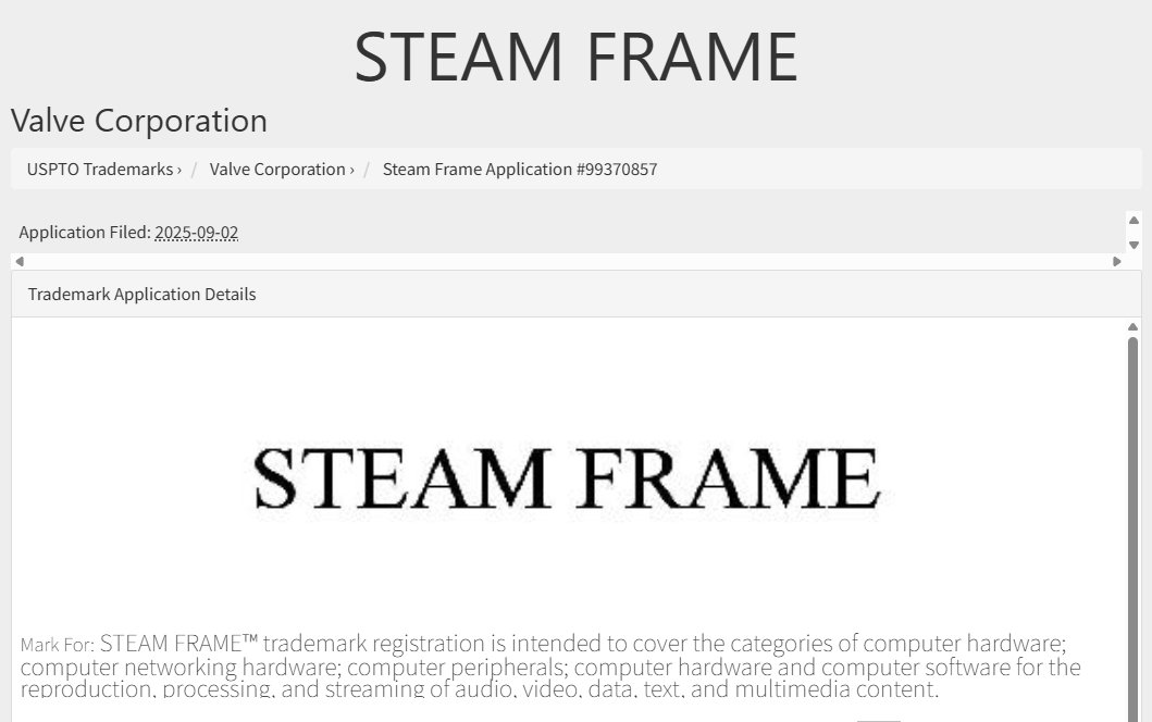 V社注册了商标「STEAMFRAME」，涵盖供娱乐游戏的电脑游戏机；游戏主机；