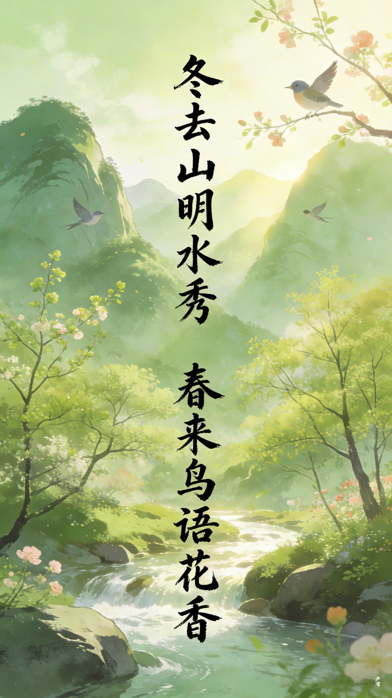 赏析：这幅下联“春来鸟语花香”与上联“冬去山明水秀”形成了工整的对应。冬去春来，