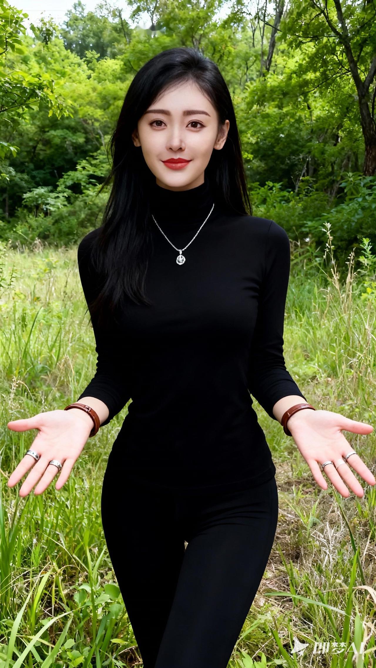 在绿意盎然的森林中，黑衣少女优雅地张开双手，仿佛拥抱自然。