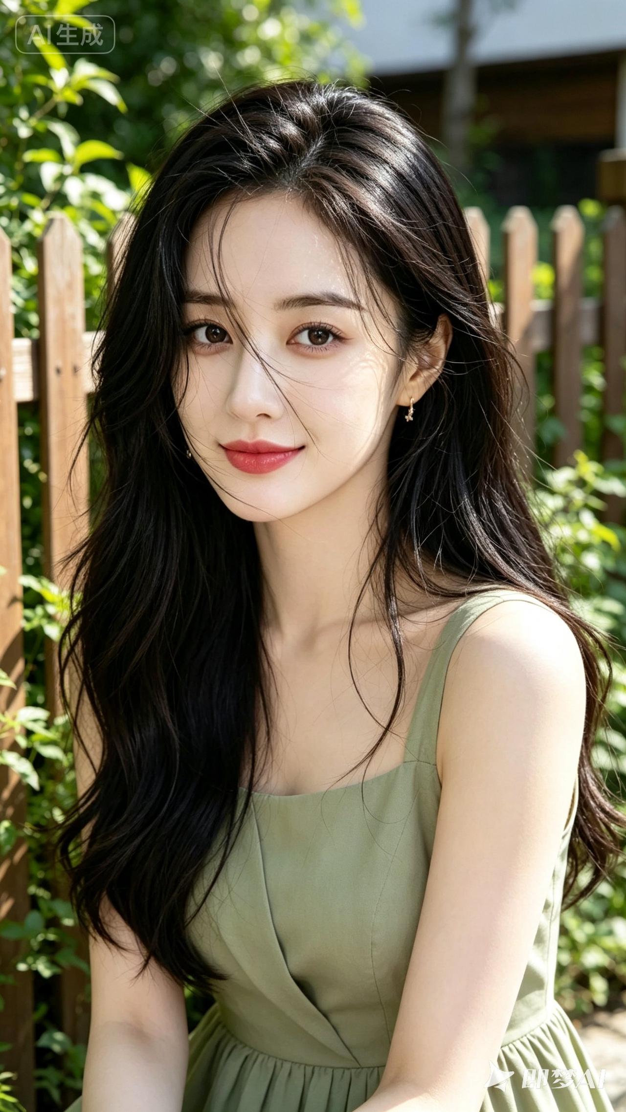 夏日清新少女，绿意盎然背景，甜美笑容，自然动人