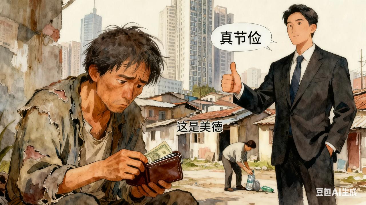 王朔说：当今社会，表扬一个穷人如何节俭，就如同夸一个太监如何高尚到坐怀不