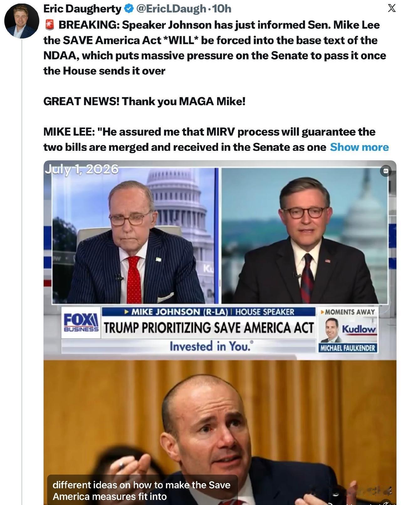 突发快讯：众议院议长Johnson刚刚告知参议员MikeLee，《拯救美国法案