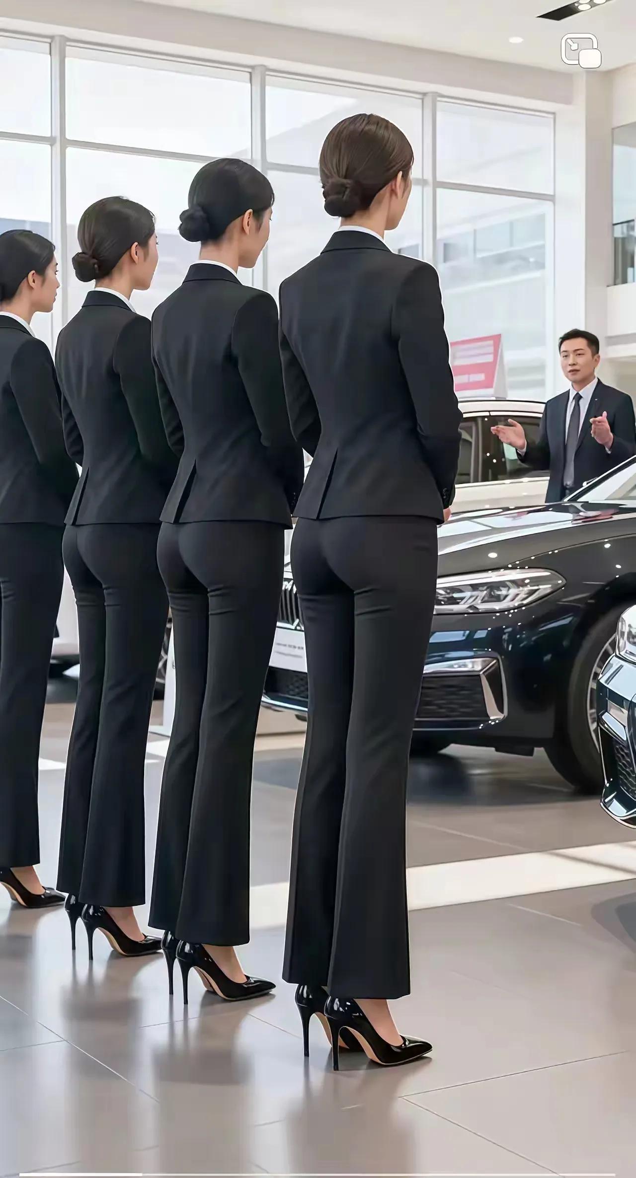 优雅车模，齐聚高端车展。黑色工装，尽显专业风采！炫酷车模美女车展展示高端