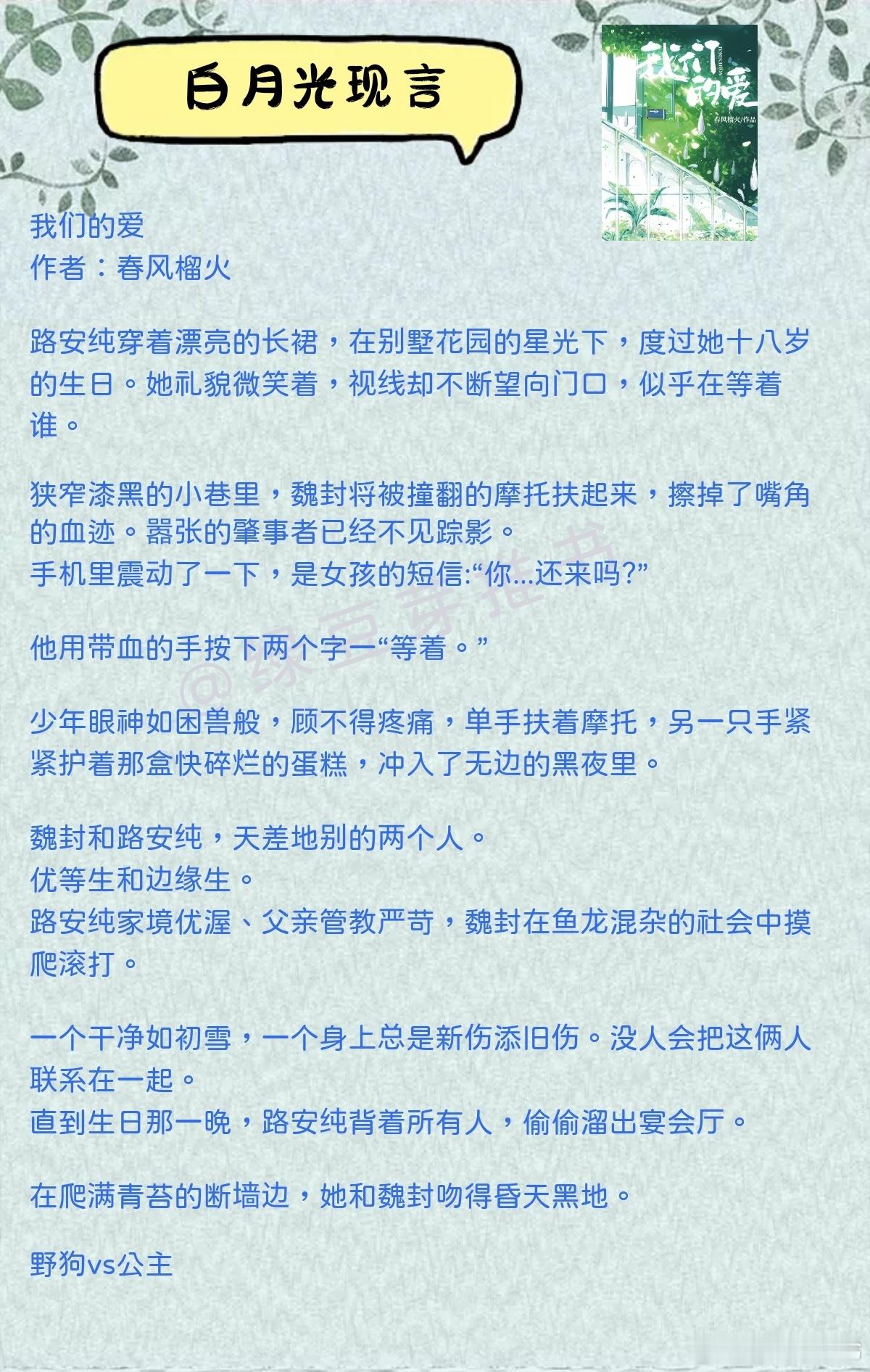 🌻白月光现言：男友的白月光回来找他，那我呢？《我们的爱》作者：春风榴火《晚月皎