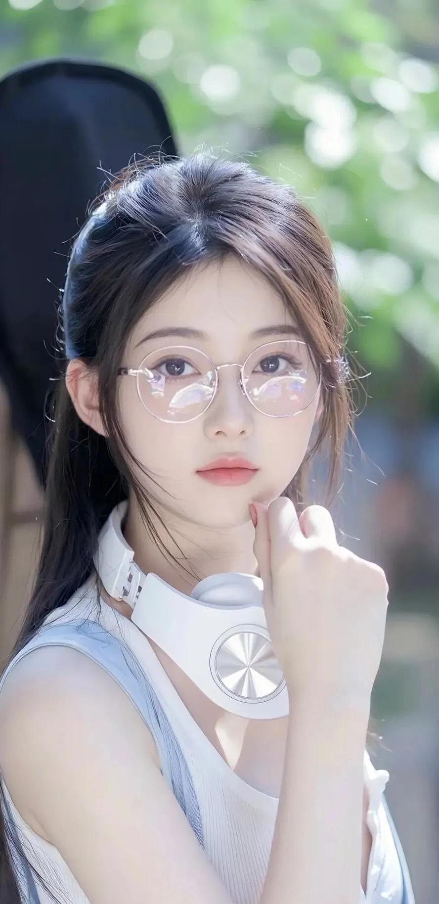 阳光下的少女，清新自然，眼镜与耳机相得益彰，尽显青春活力！街拍高清美女