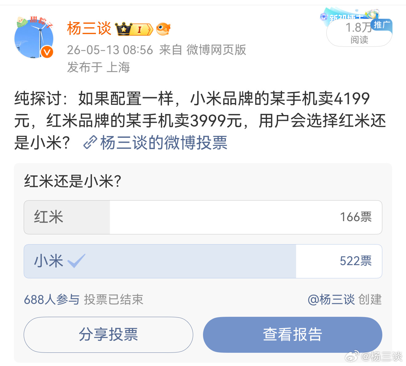 如果配置一样，小米品牌的某手机卖4199元，红米品牌的某手机卖3999元，大家会