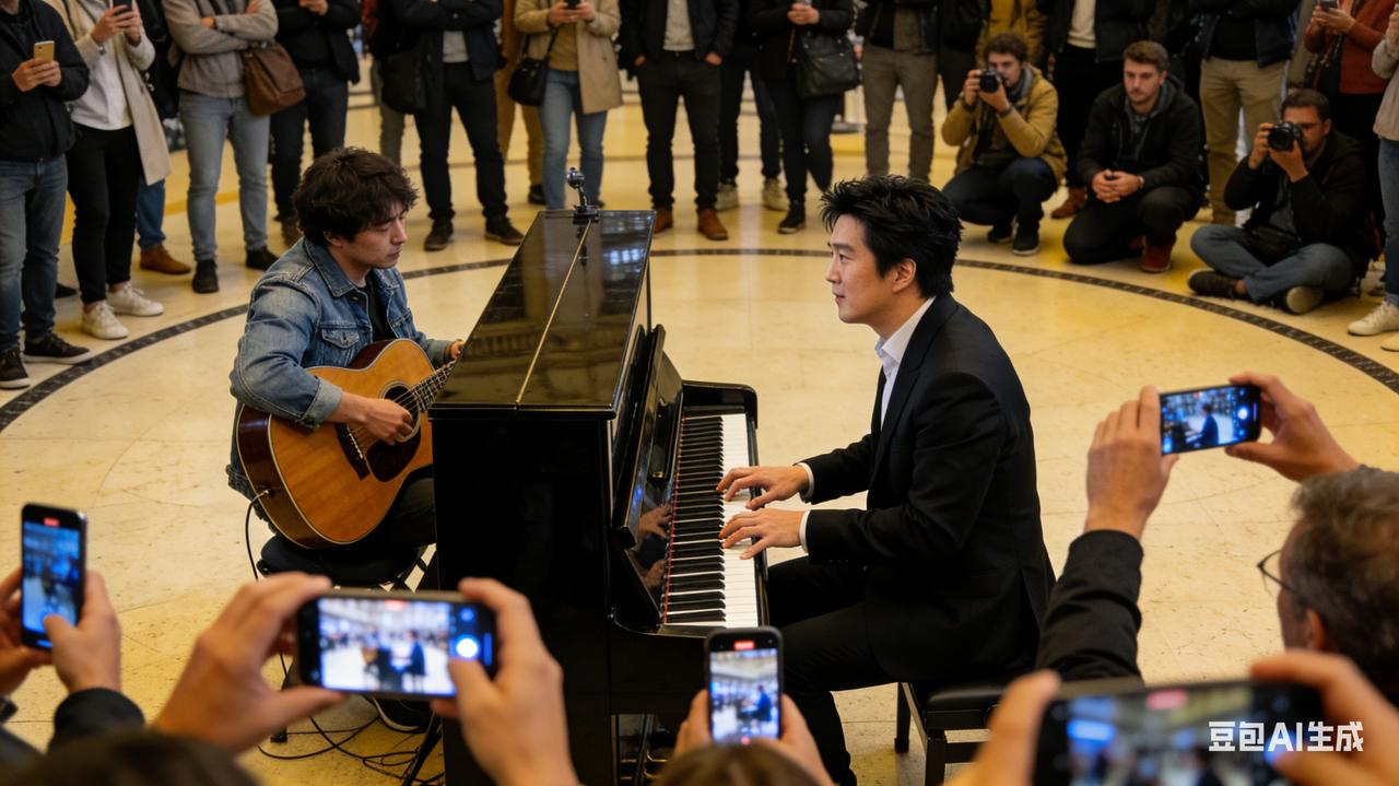 郎朗闪现巴黎里昂火车站，与街头艺人斗琴燃爆全场，路人直呼太震撼巴黎里昂火车