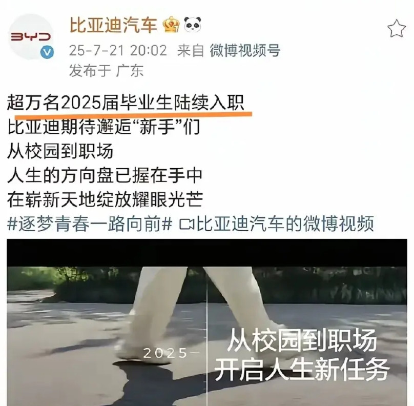 2025年的比亚迪校招低调了许多，只有区区超万名，记得去年前年都超3万名吧？一下