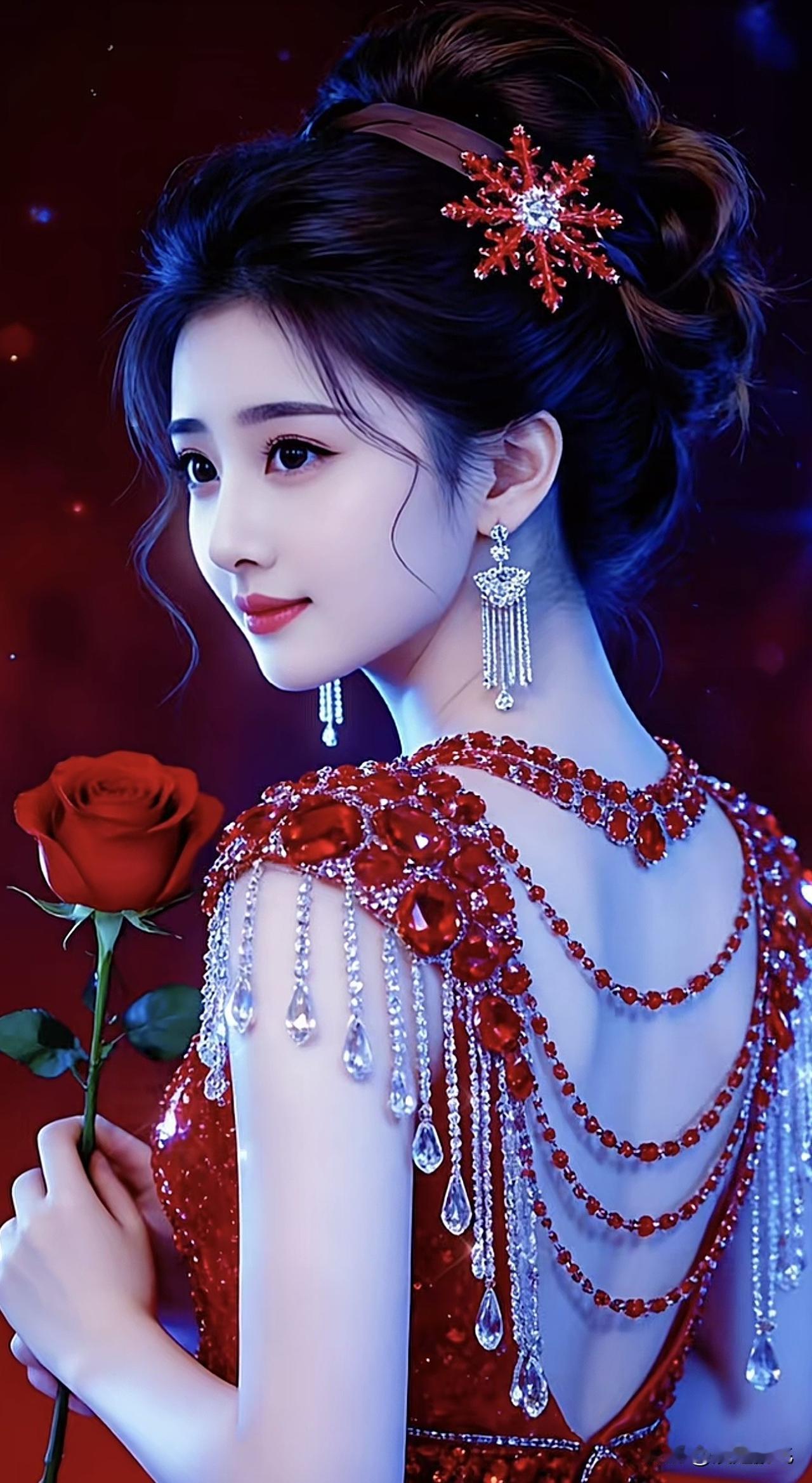 红衣美人，手捧玫瑰，宛如画中仙。玫瑰红裙少女红衣温柔少女红衣女拍照红衣温柔