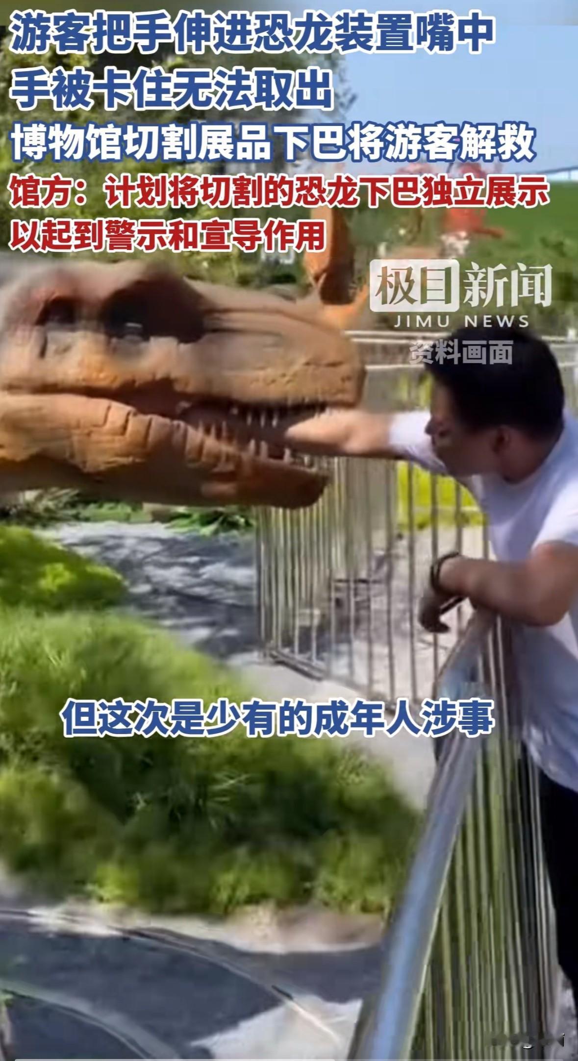 10月25日13点09分，广州正佳自然科学博物馆，一名成年游客越过隔离护栏，把手