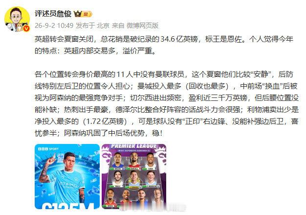 【詹俊分析英超赛势】詹俊说阿森纳稳了9月2日，发文：英超转会夏窗关闭，总花销是破