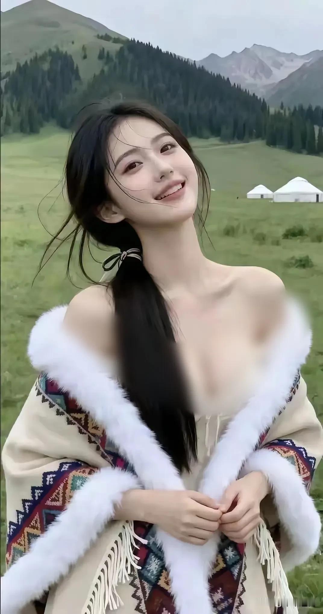 风掠过草原，裹着羊毛披肩的暖，长发随笑意轻扬。远处的毡房与青山作伴，此刻的松弛与