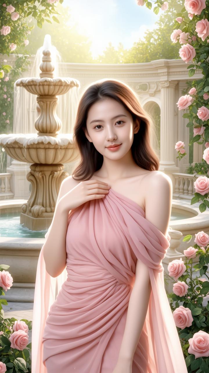 粉嫩少女在浪漫花园中，与喷泉和玫瑰相伴，尽显优雅与甜美。