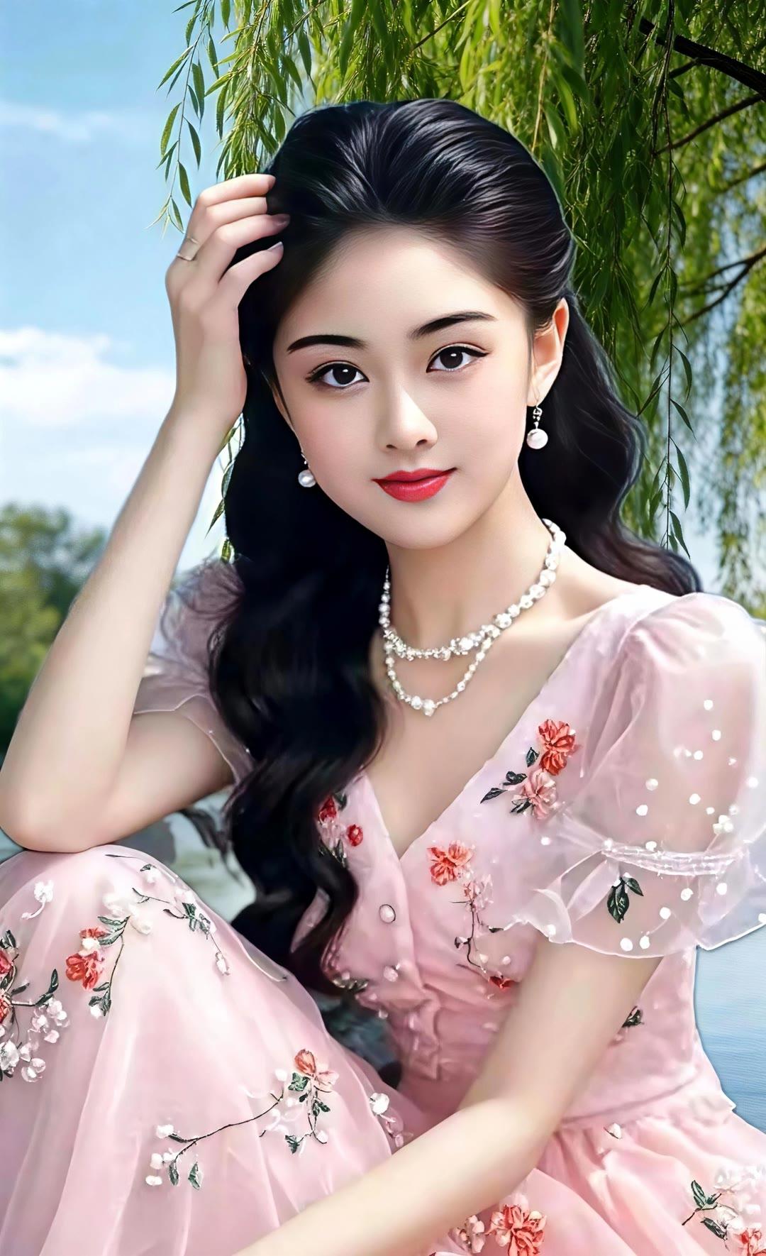 优雅少女，粉裙花海，珍珠闪耀，梦回古代