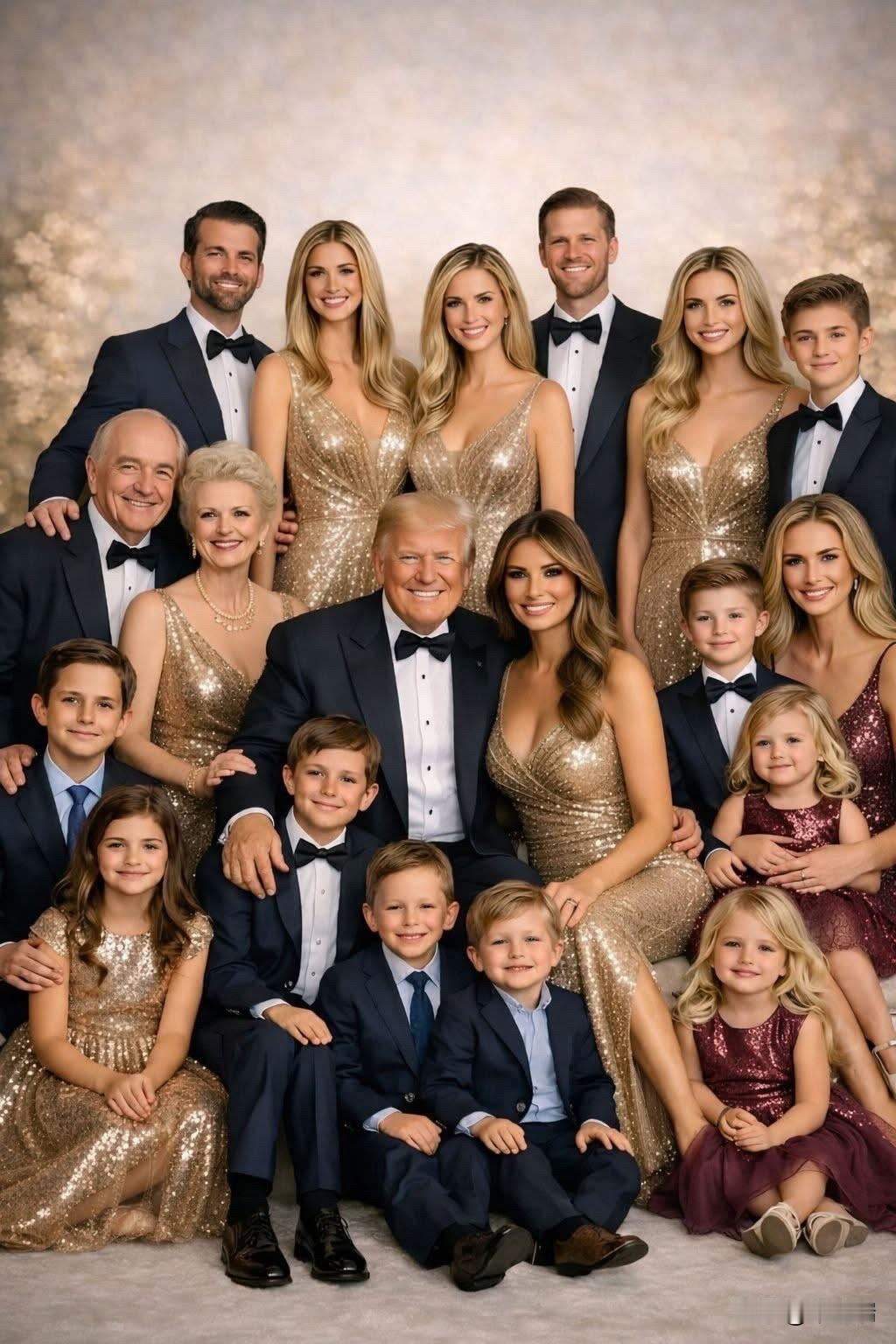 这是一张特朗普家族在2023年圣诞节期间拍摄的家庭合影。这张照片是在海湖庄园
