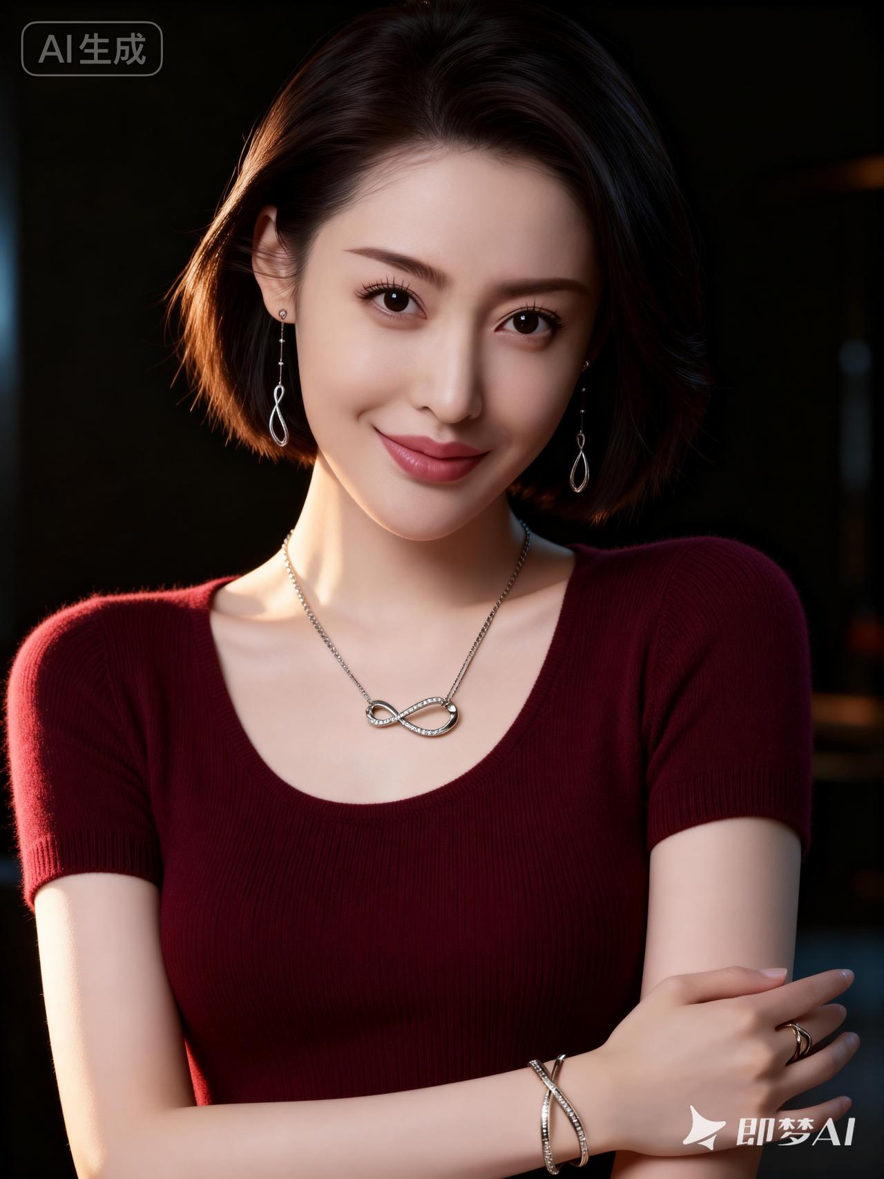 优雅红衣美人，微笑迷人，尽显温柔魅力